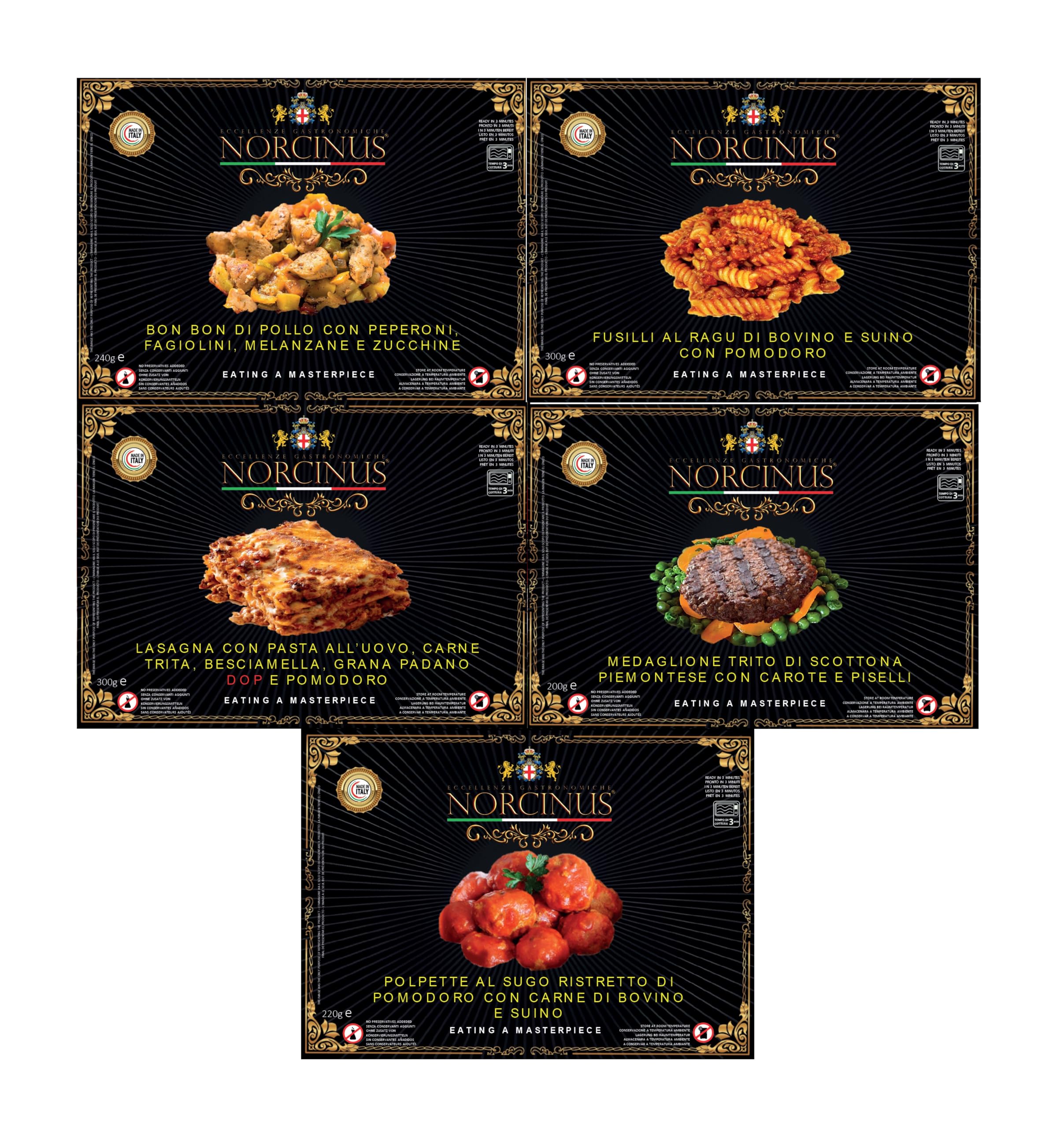 Selezione di 5 piatti pronti gourmet con carne, Norcinus, eccellenza gastronomica italiana