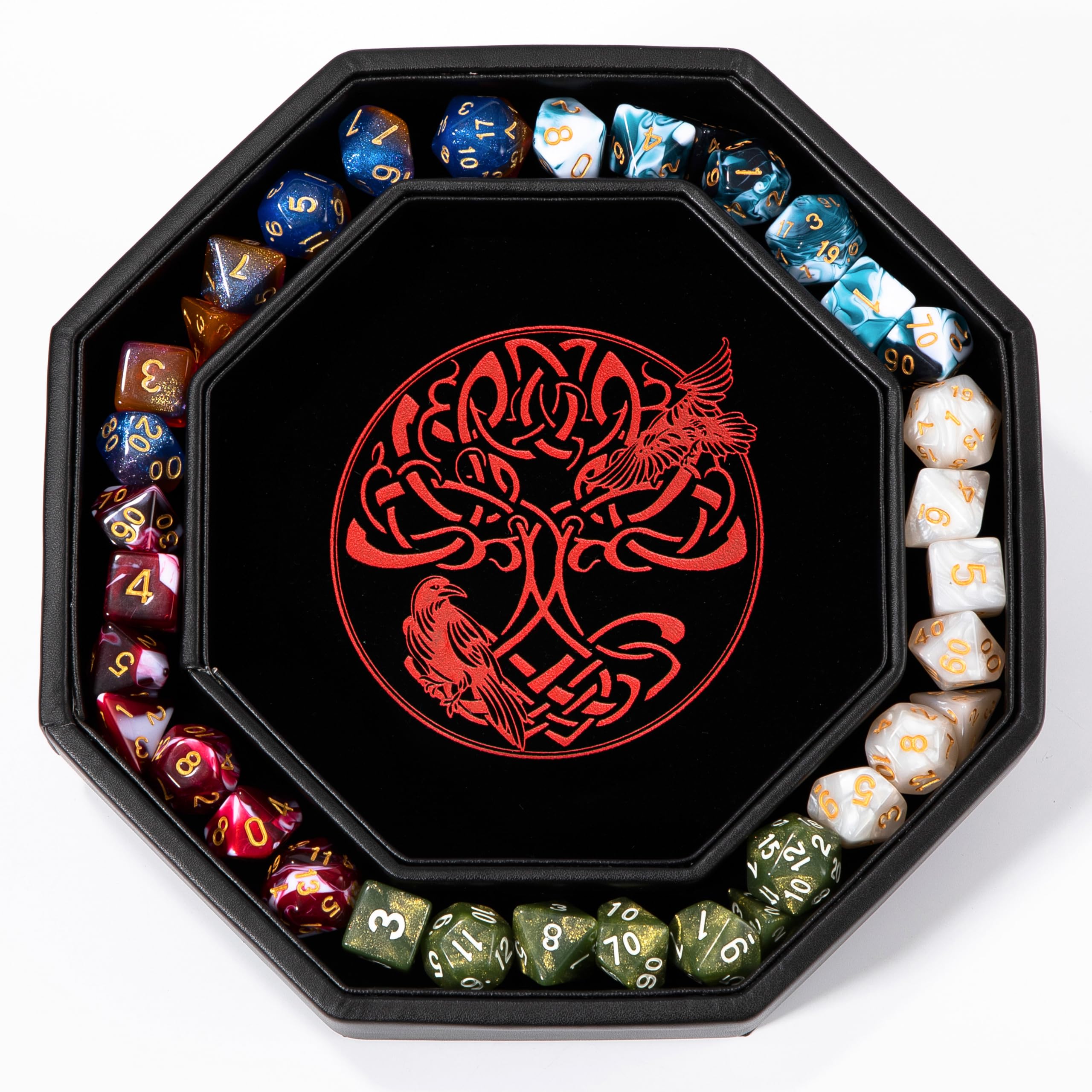 DND - Bandeja de dados de 8 pulgadas, diseño de mazmorras y dragones de alta calidad, diseño exquisitamente detallado de árbol del mundo rojo y triquetra, perfecto para enrollar y almacenar tus dados