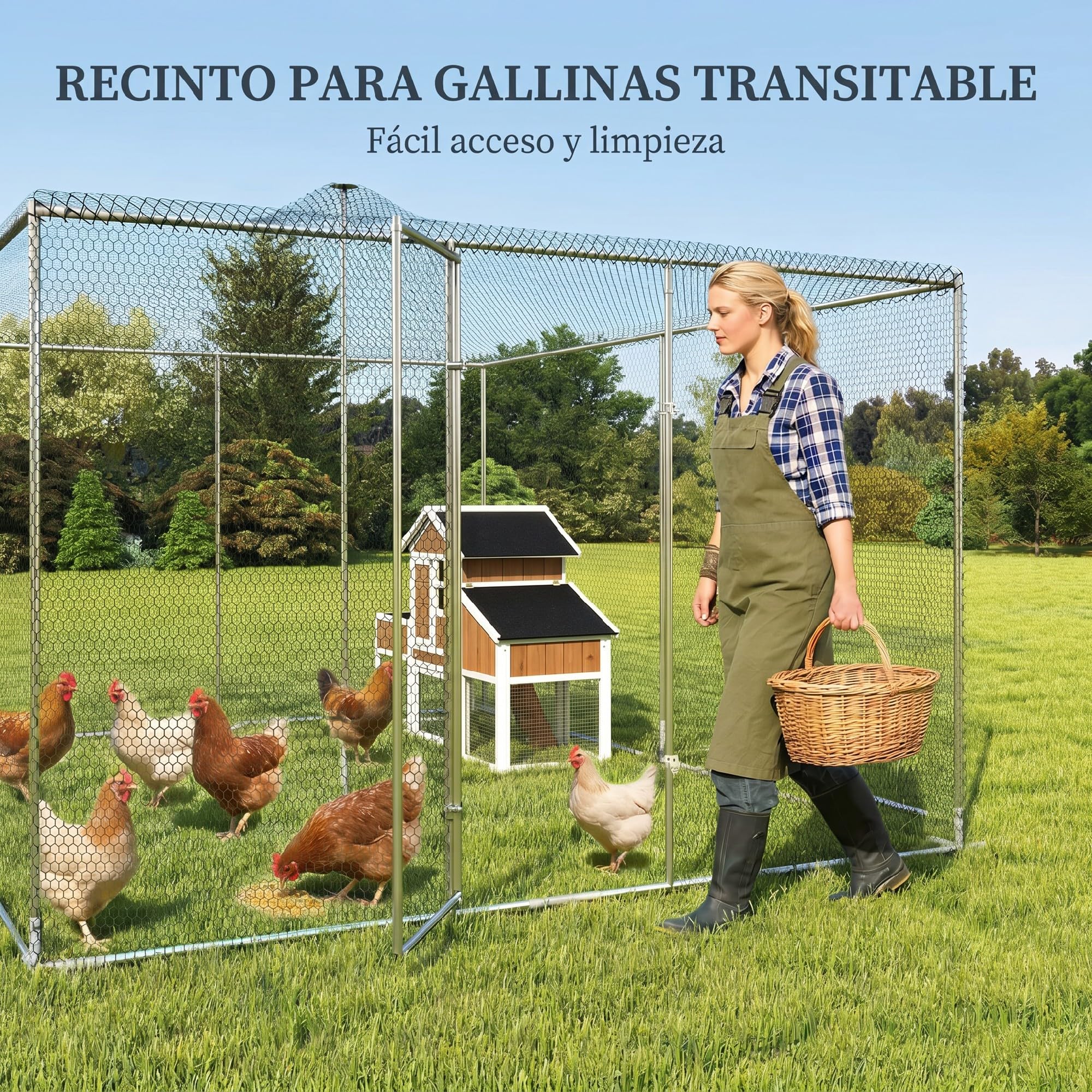 PawHut Gallinero para Exterior Grande 4x3x1,97 m 12 m² para 12-18 Plata | Gallinero de Acero Galvanizado, Walk-In, Puerta con Doble Cierre, Red Superior de PE, Resistente a la Intemperie, Conejera
