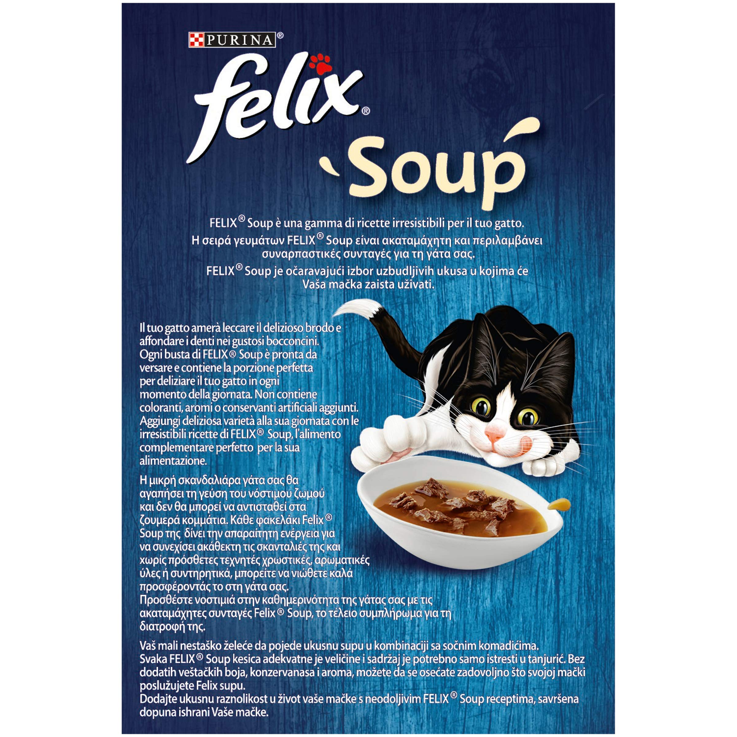 FELIX Soup karma dla dorosłych kotów na mokro pyszne wybory z wołowiną, kurczakiem i jagnięciną, 6 torebek po 48 g