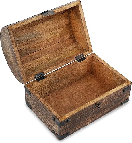 Miniatura 7 de Ajuny Cofre del tesoro de madera Joyero pirata, baúl de recuerdo antiguo, soporte decorativo de madera para baratijas, pequeño organizador