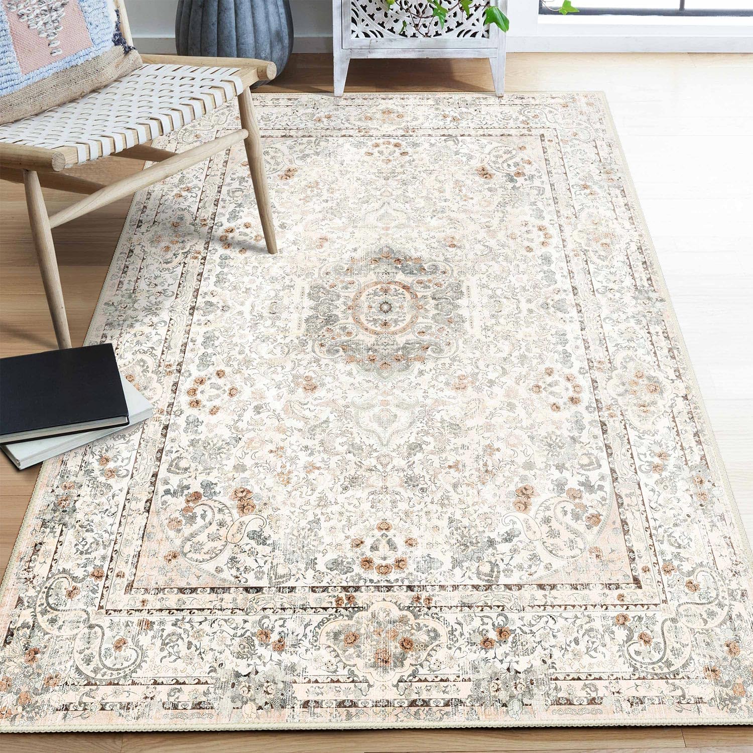 Castage Boho Rug 4'x6.5',Washable Area Rugs for Bedroom Living Room Kitchen Entryway,Small Vintage Bohemian Distressed Non Slip Carpet,Beige — image 1