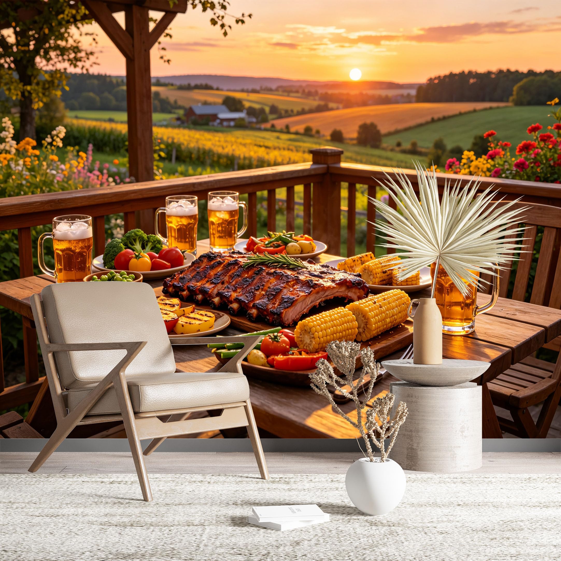 Custom Size Wall Murals Backyard BBQ with Beer and Sunset Wall Stickers Self-Adhesive Wall Fabric (NO PVC) Removable Wallpaper for Outdoor Patio