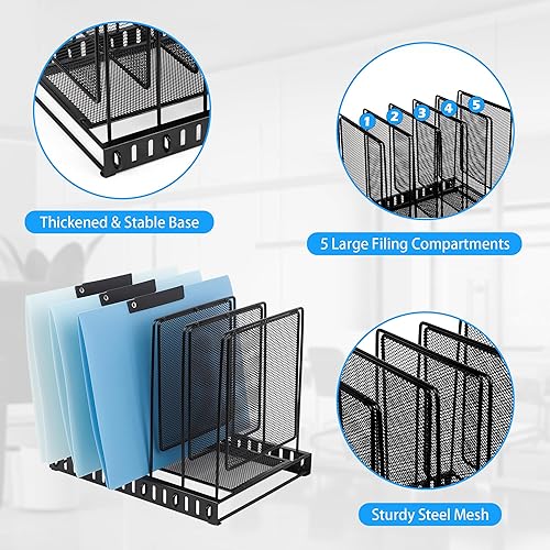 Miniatura 6 de EASEPRES Organizador de archivos de escritorio de malla metálica vertical de 5 secciones, espaciado vertical ajustable, para correo, documentos,