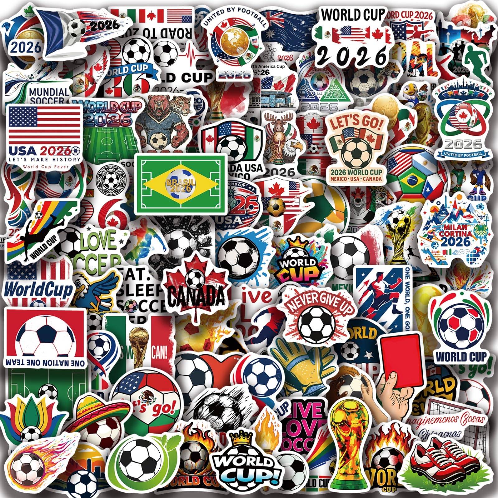 100 PCS World Cup Football Stickers Soccer Party Favors Waterproof Vinyl Scrapbook Sticker Sports Football Stickers for Water Bottle Helmets Laptops Notebooks Luggages Goodie Bags Kids Teens Adults