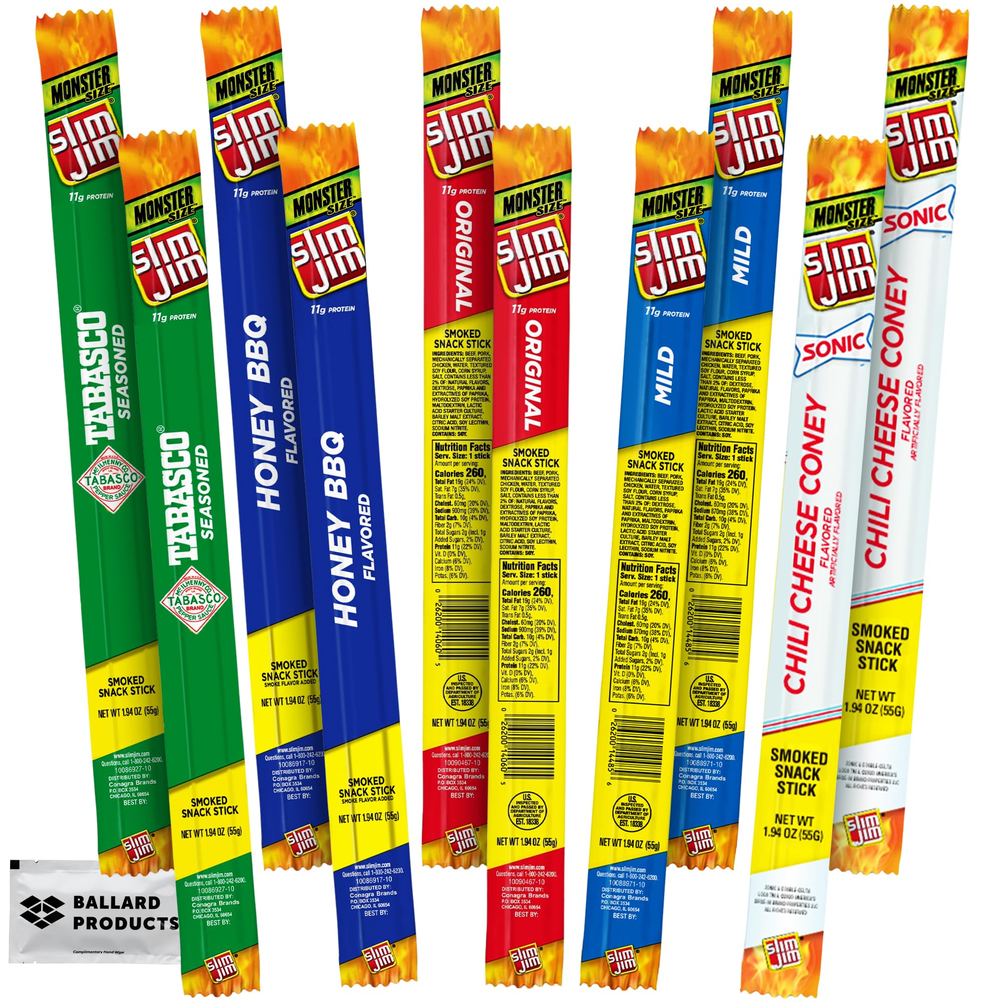 Slim Jim Monster Size Variety Pack of 10 Beef Jerky Sticks - Original, Mild, Tabasco, Chili Cheese Dog, and Honey BBQ - 2 Sticks of Each Flavor - Monster Size Slim Jim Beef Sticks Snacks Bulk Pack