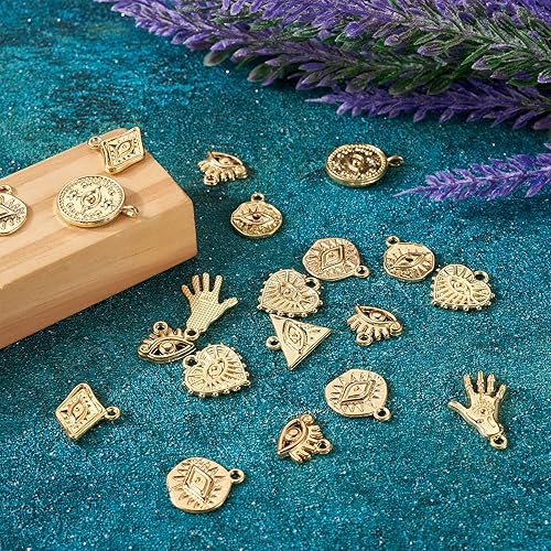 Miniatura 7 de Craftdady 32 dijes de aleación contra el mal de ojo, diseño geométrico dorado, rombo, triángulo, corazón, ojo a granel, para mujer, pulsera y