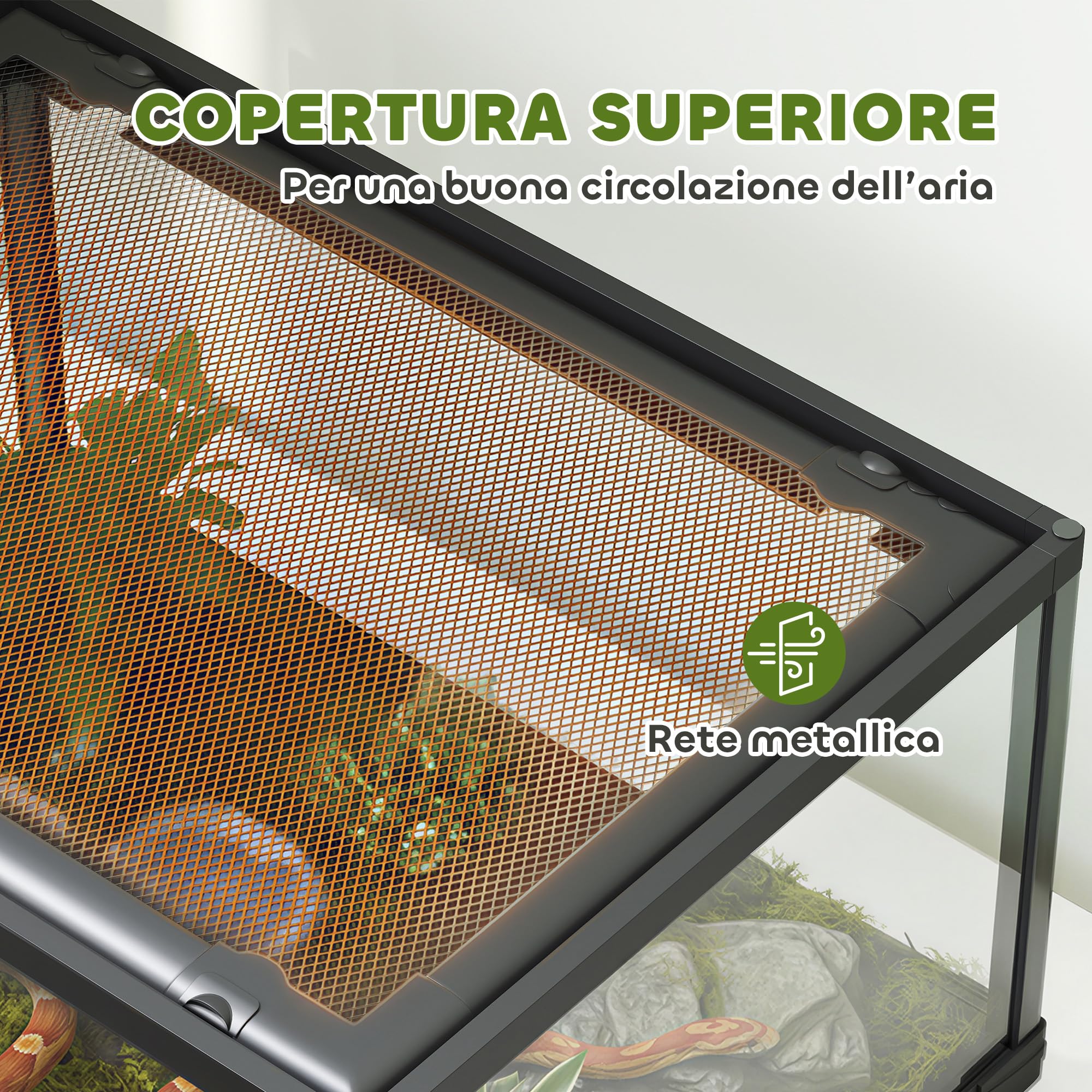 PawHut Terrario per Rettili Rialzato 60x45x32 cm con Doppia Serratura, Porta per Alimentazione, Ventilazione e Visuale a 360°, Rettilario con Rete Metallica per Ucertole, Ragni, Gechi, Serpenti, Nero