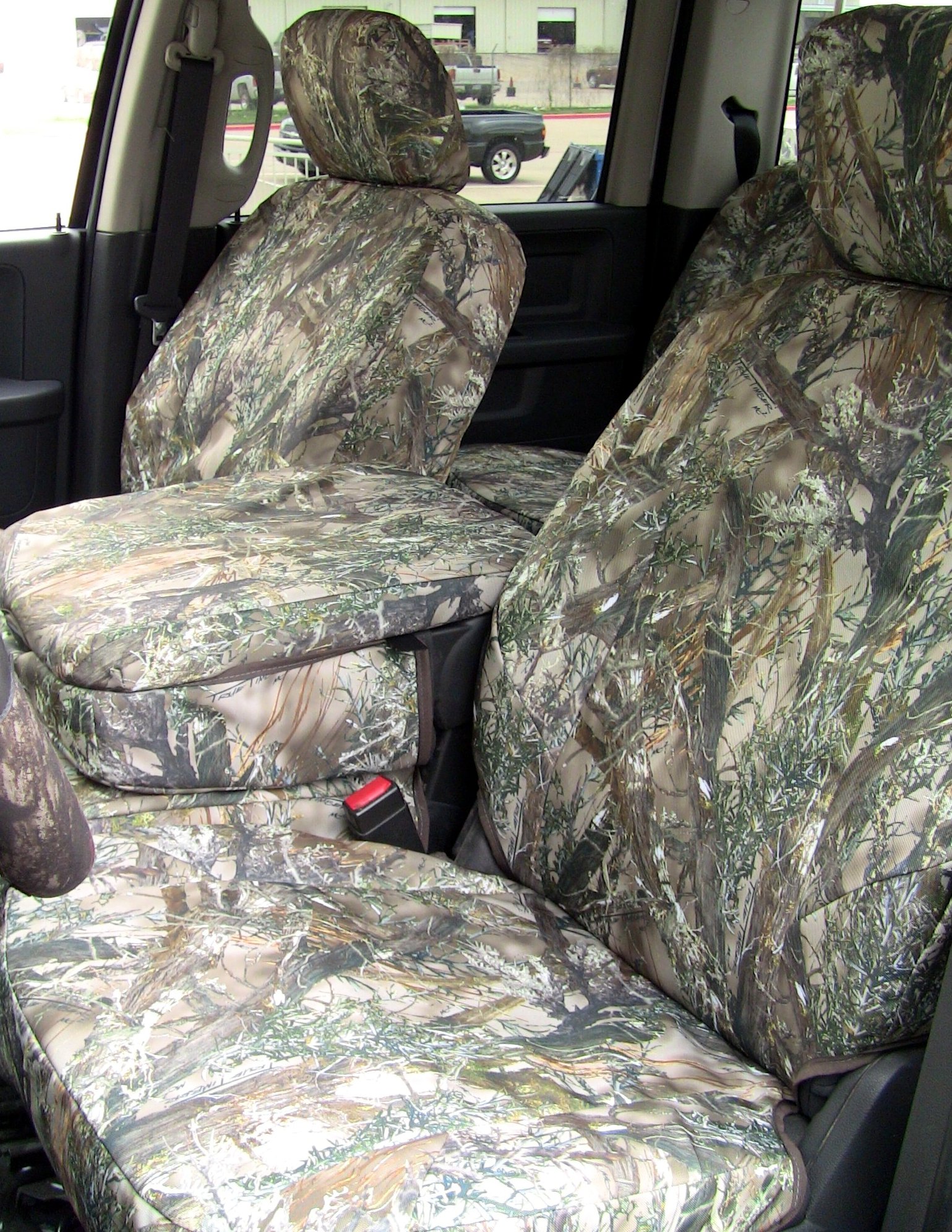 Exact Seat Covers, DG11 MC2-C, 2009-2012 Dodge Ram 1500 and 2010-2012 2500-3500 Front and Rear Seat Set. Front 40/20/40 with Opening Console. Rear Solid Bench Seat. MC2 Camo Endura Custom Exact Fit Seat Covers