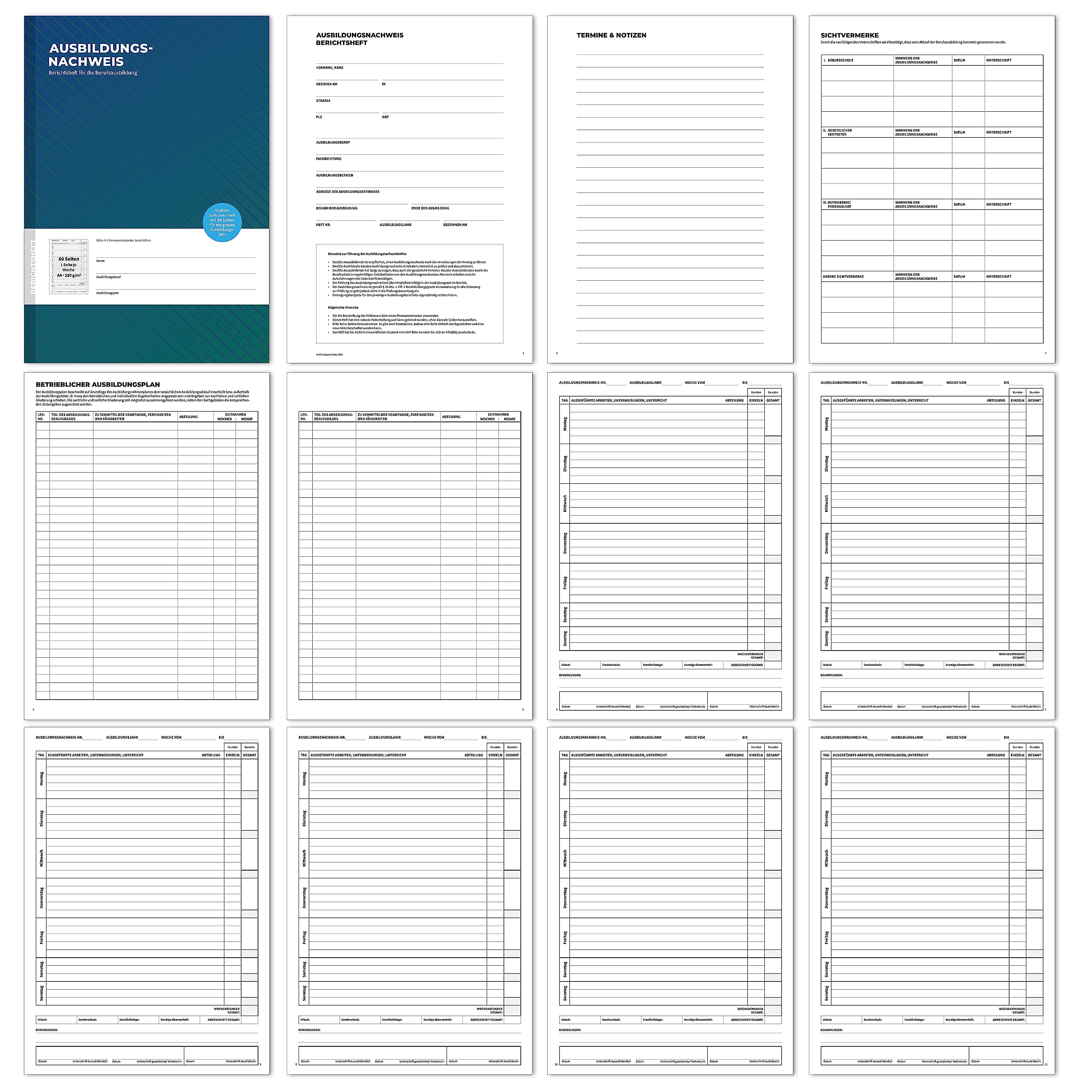 3er Set Ausbildungsnachweishefte, für 3 Jahre, hochwertige Berichtshefte für die Ausbildung, Softcover mit Fadenheftung, DIN A4, 1 Woche je Seite, Montag bis Sonntag