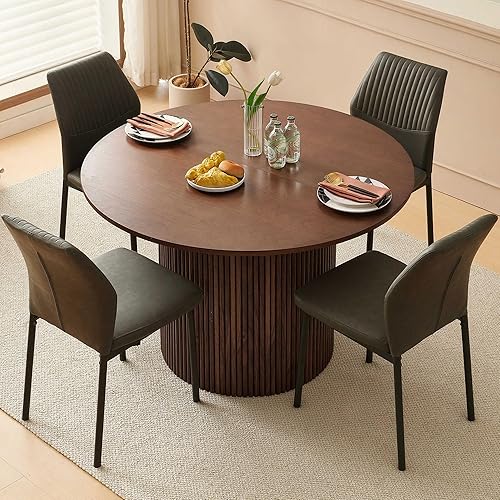 Miniatura 26 de Juego de mesa de comedor para 4, mesa de comedor rectangular irregular de madera moderna, sillas de comedor de cuero, 4 mesas y sillas, juego de 4