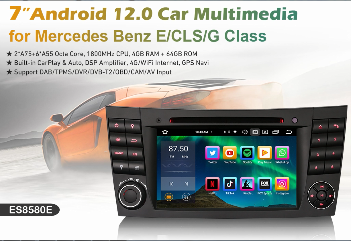 Autoradio Android 14 Erisin Pour Mercedes Classe E/CLS - 7 Pouces, 4Go+64Go, CarPlay/Android Auto Sans Fil, GPS, 4G - 6