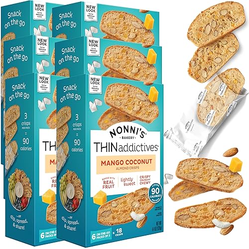 Nonni's THINaddictives - Galletas finas de almendra, 6 cajas de galletas de mango y almendra de coco, galletas de almendras dulces crujientes y
