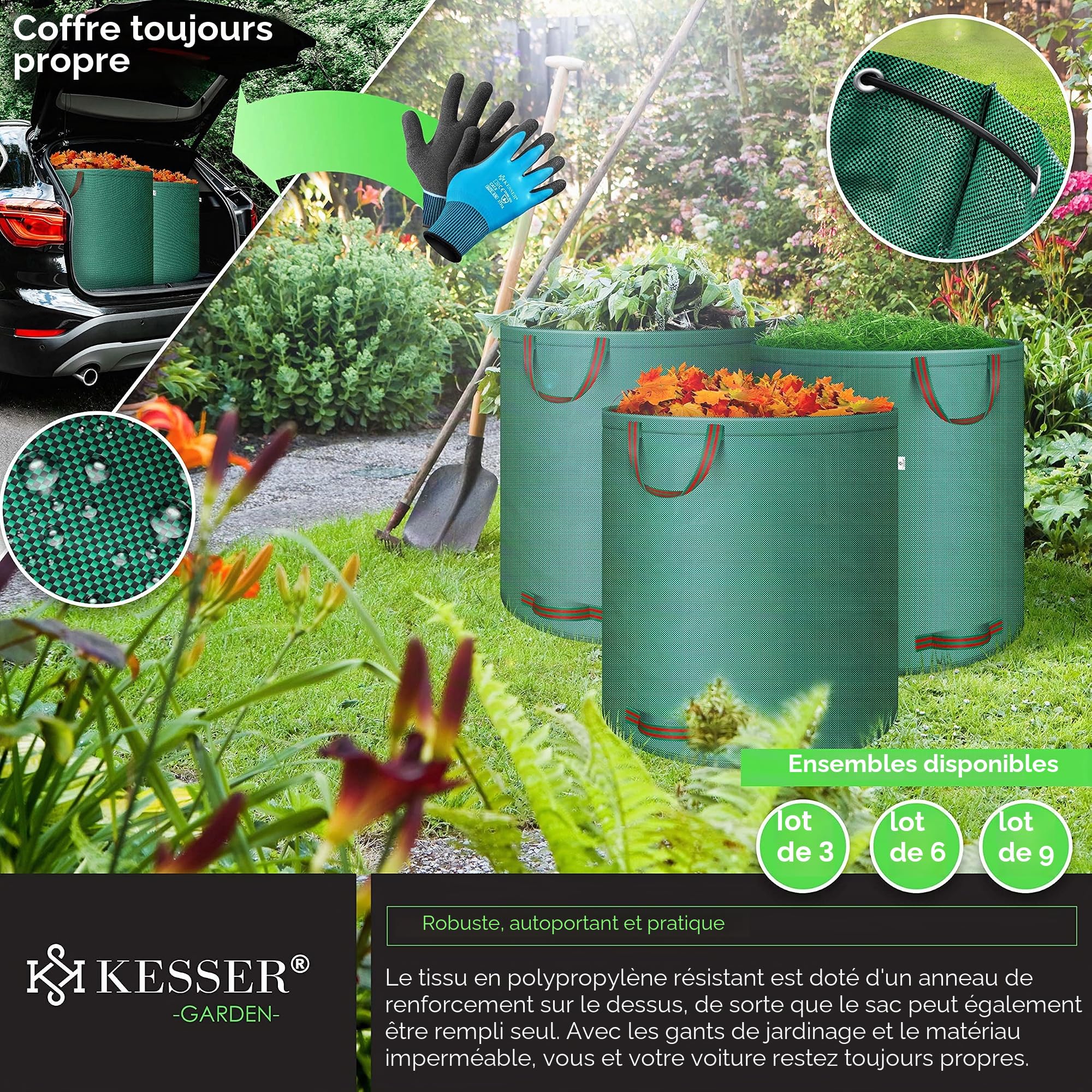 KESSER® Sacs de jardin 6x 272L Set sac à feuilles Sac à déchets de jardin + gants - Autonome 4 poignées Stable Robuste pliable Sacs à feuilles Tontes de gazon Sacs de jardin pour déchets jardin Vert