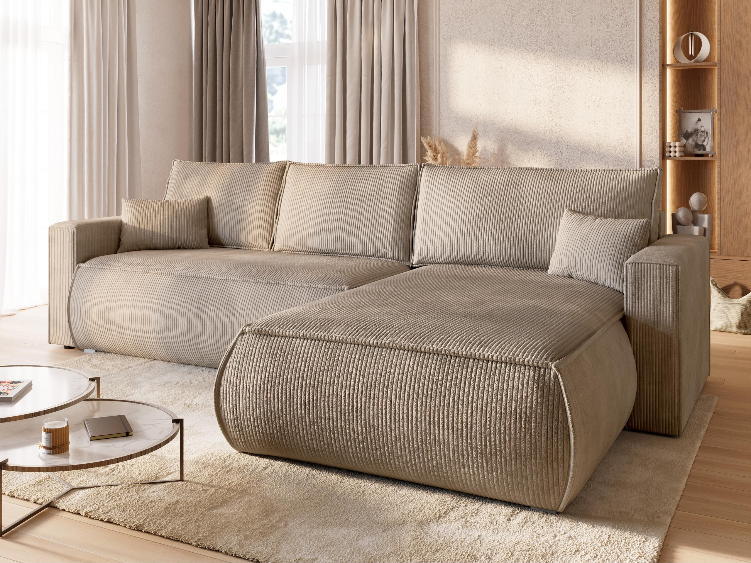 BROMARKT Ecksofa mit Schlaffunktion Couch L Form 270x173x80 cm Beige | Sofa mit Bettkasten Wohnlandschaft Schlafsofa freistehend HAVANA Schlafcouch mit Stauraum Cord 3 sitzer Sofabed Eckcouch