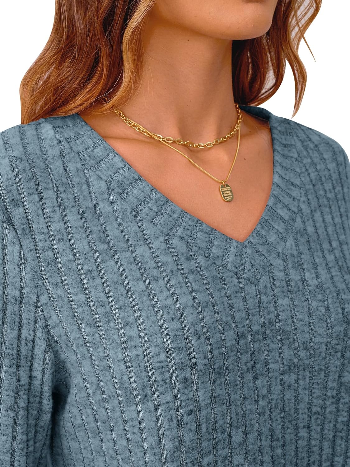 NORACORA V Neck 3/4 Length Sleeve Shirts for Women Casual Fall Tops Lightweight Tunic Sweaters Light Blue XL - Image 5