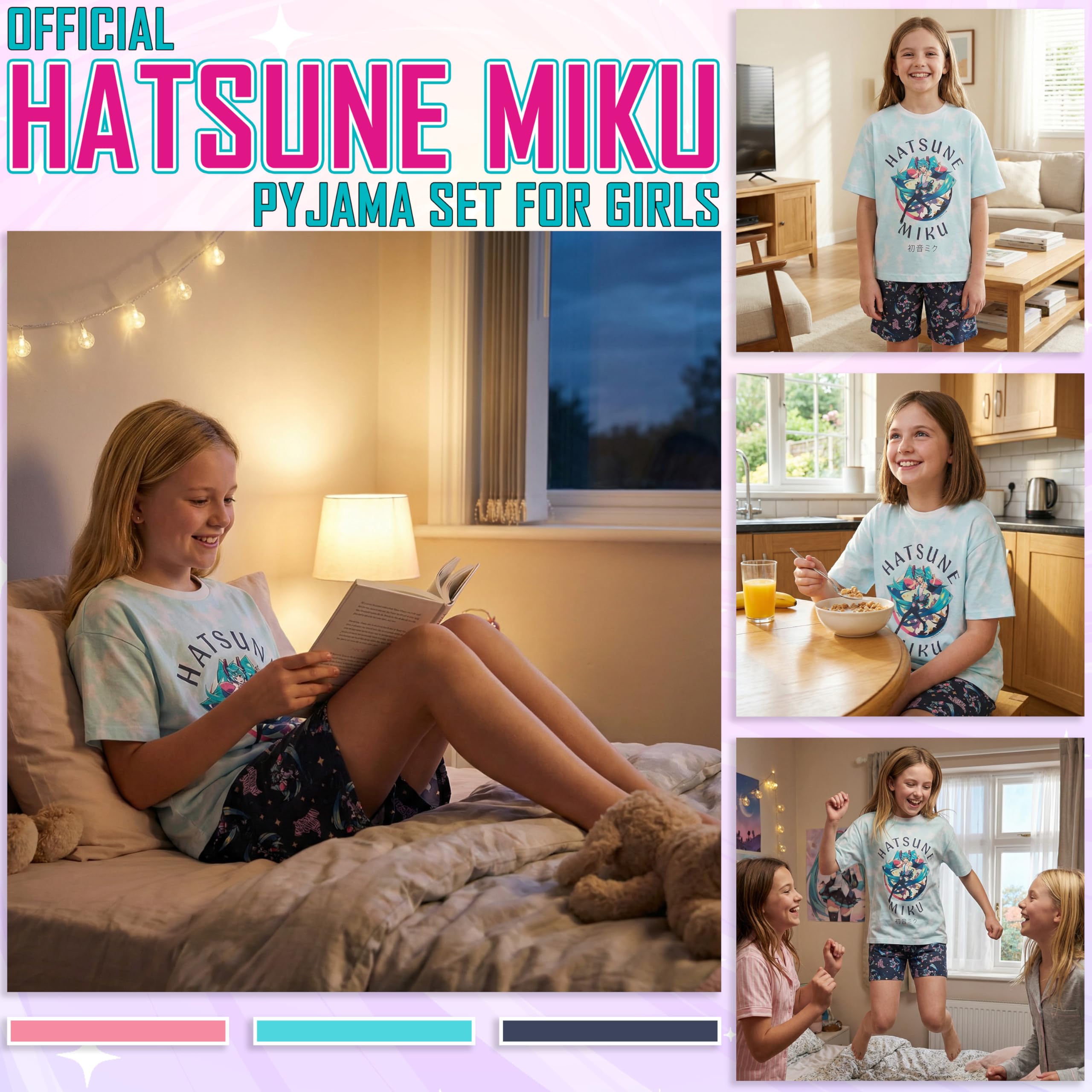 Get Trend Hatsune Miku dziewczęce zestawy piżamowe 7-16 lat, 2-częściowa koszulka z krótkim rękawem i szortami piżamowymi, prezent na lato dla dziewczynki