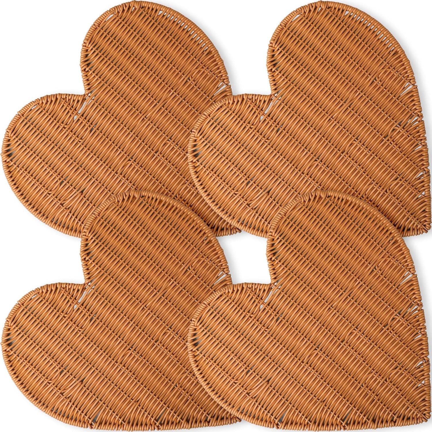 Threehoney Set of 4 Rattan Woven Valentines Heart Shaped Placemats Natural Heart Wicker Place Mats Washable Rustic Braided Table Mats for Valentines Spring Dining Kitchen Table Decoration