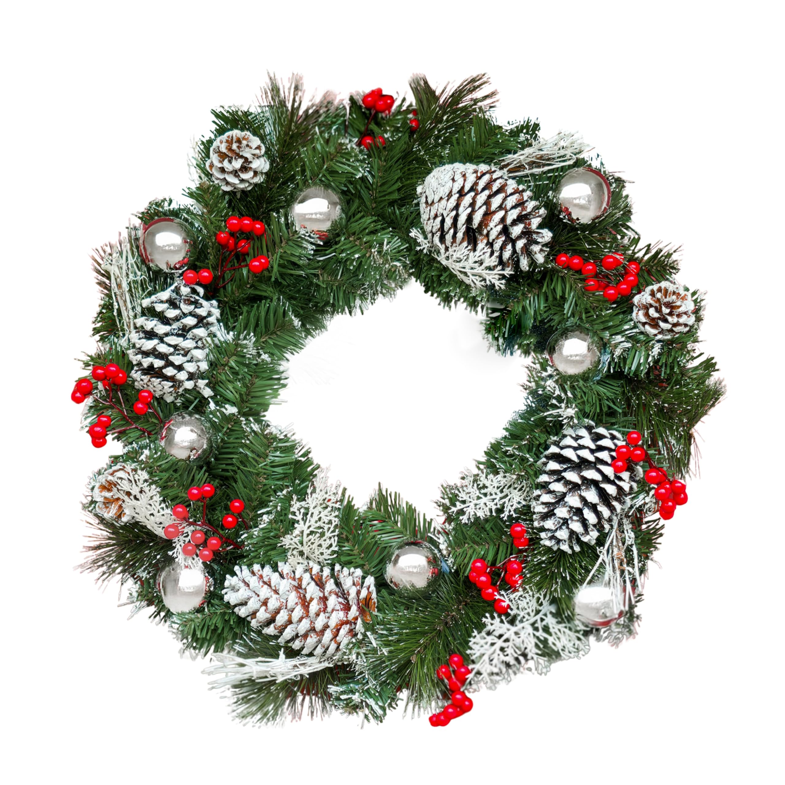 Marco Paul - Corona de Navidad para puerta de 50 cm con piñas, bayas y bolas, decoración de puerta de Navidad con polvo de nieve, adornos de Navidad colgantes de lujo para oficina o hogar, accesorios
