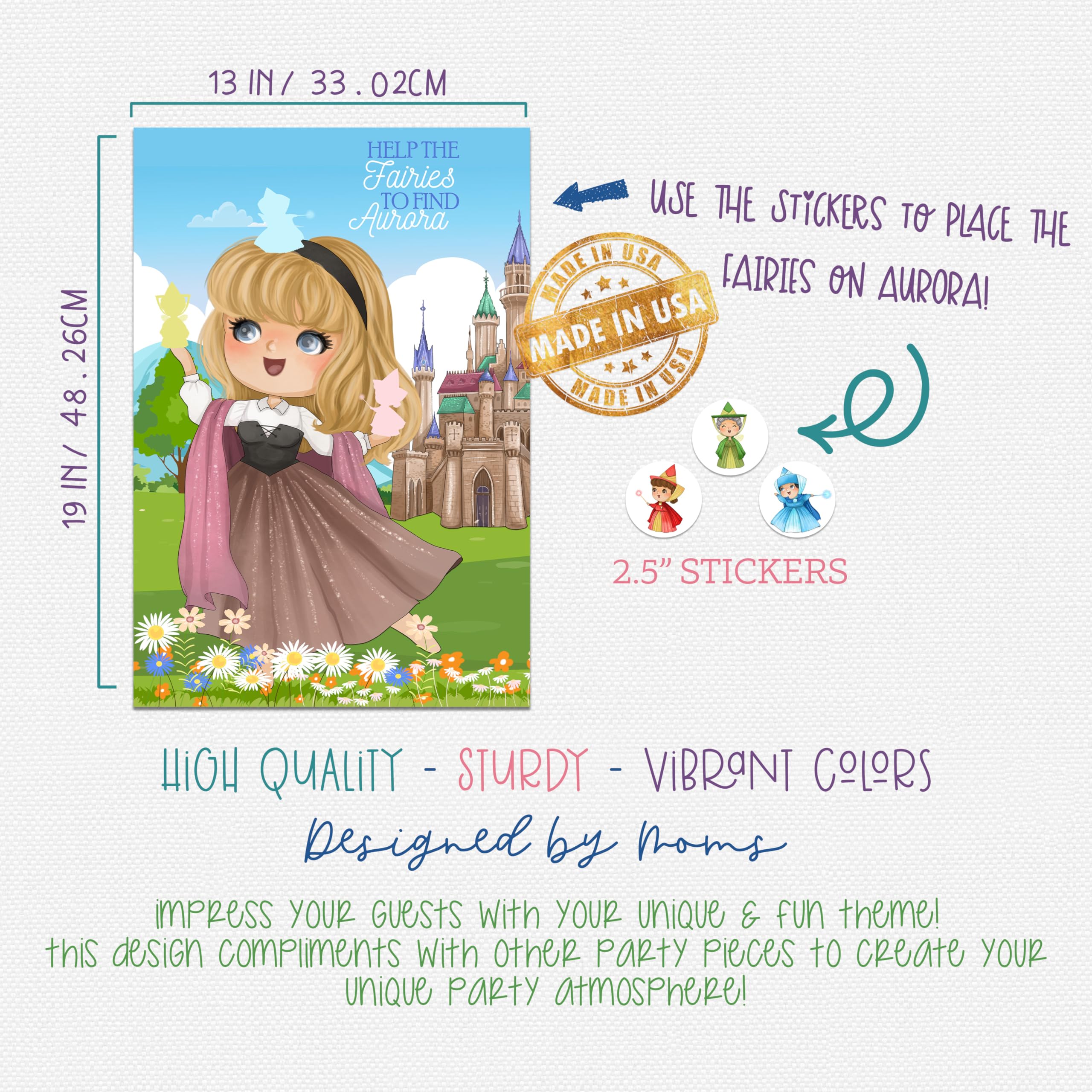 Help the Fairies To Find Aurora - Sleeping Beauty Character Themed Party Pin Game Supply Stickers Poster Set
