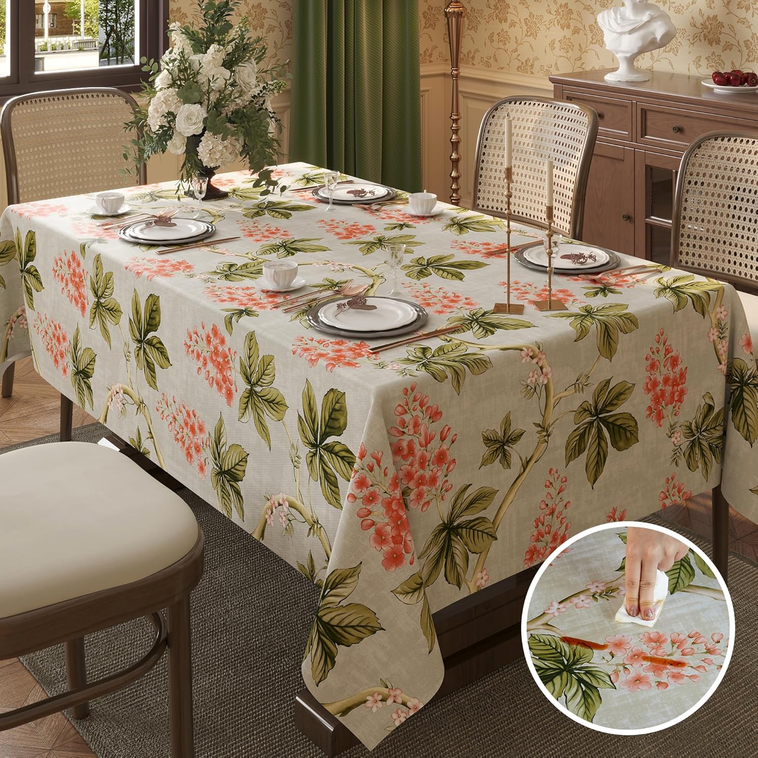 Rectangle Table Cloth,100% Waterproof Tablecloth Oil Proof Spill Proof Vinyl Table Cloth, Wipe Clean Plastic Table Cover for Dining, Camping, Indoor and Outdoor 54" x 102",Flower