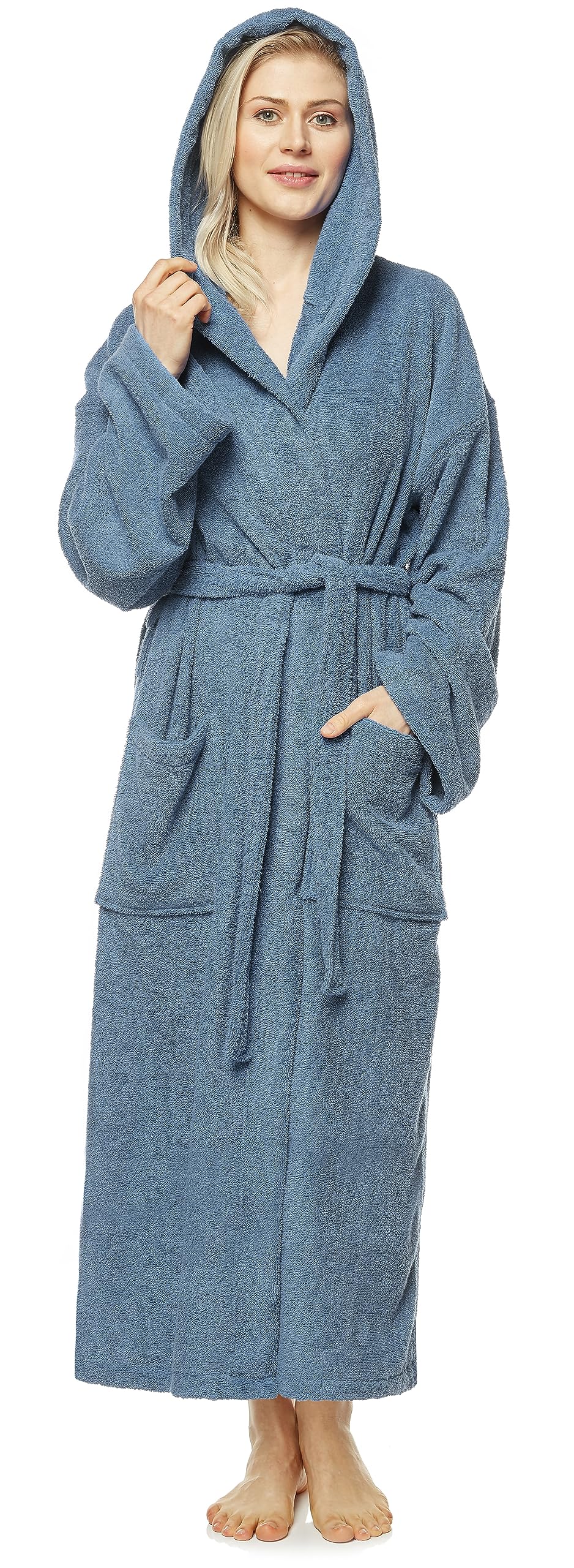 Arus Women's Blue Grey `S Bathrobe With Hood, Calf Length, 100% Cotton Terry Towelling, Blue, S-M