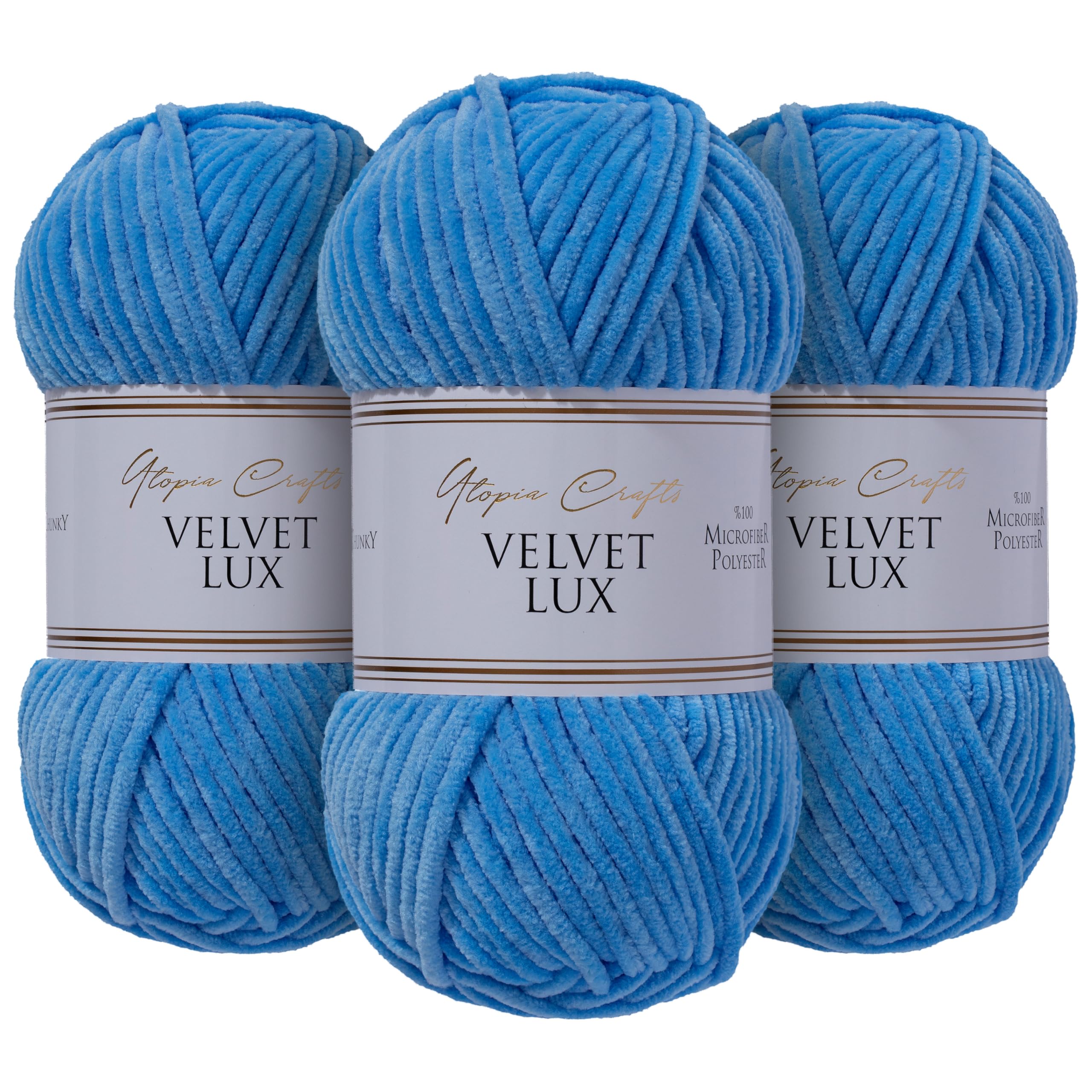 Utopia Crafts Velvet Lux Chenille Super Soft Chunky Yarn for Knitting and Crochet Yarn 3X 100g (Sky Blue)