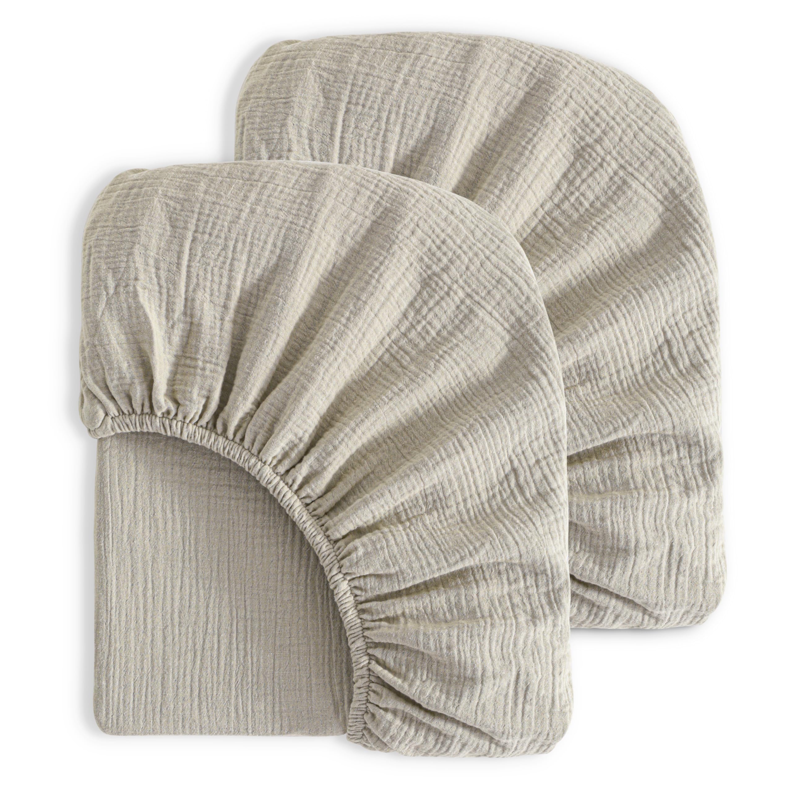 NTBAY Crib Muslin Fitted Sheets, 2 Pack, 28 x 52, Khaki | Double-layer Muslin Cotton Sheets with Full Elastic for Compatible 28 x 52 Inch Standard Crib Mattresses, 2 Fitted Sheets