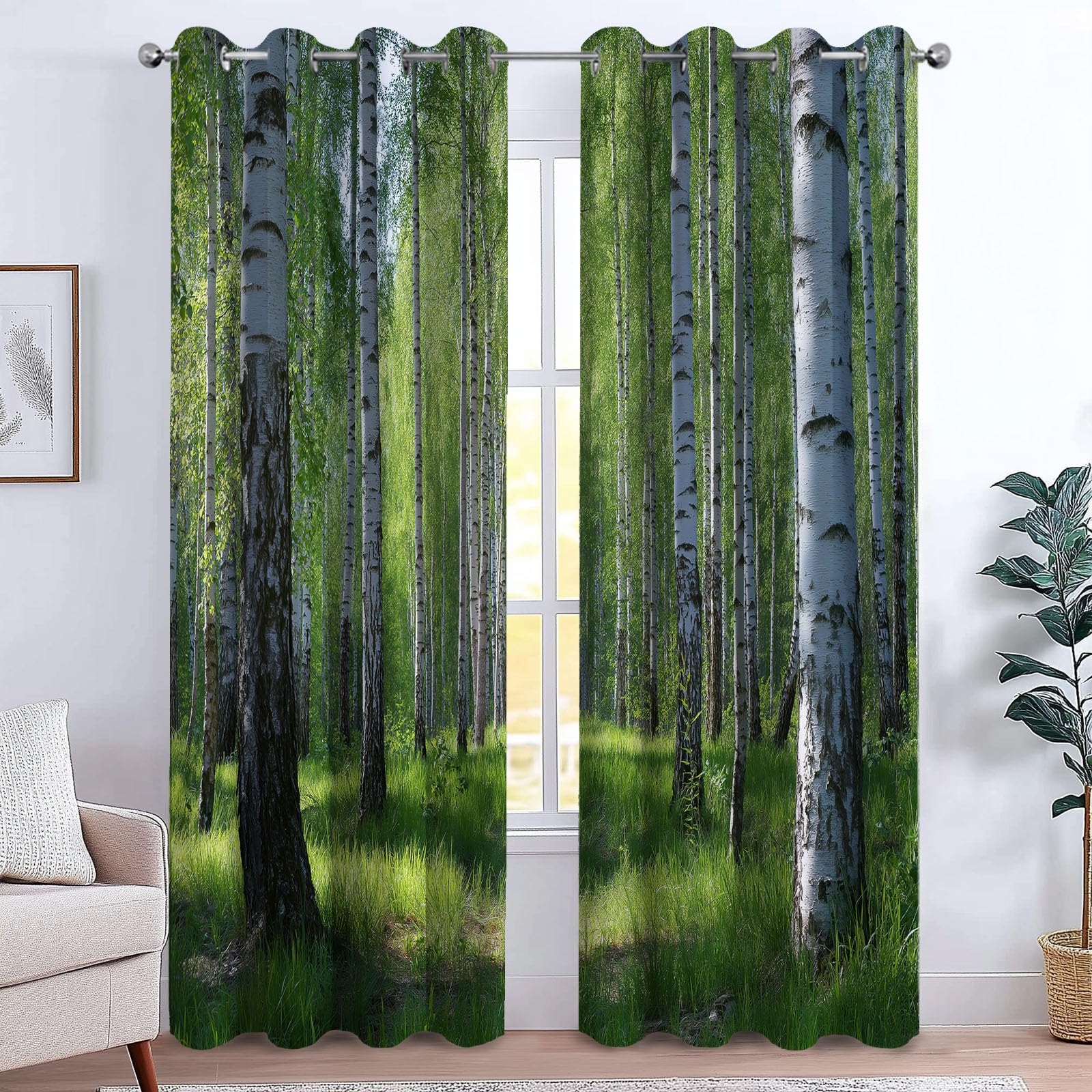 Generisch Verdunklungsvorhänge Birkenwald Natur Kinderzimmer Vorhänge Blickdicht, Grün Thermovorhang mit Ösen, für Schlafzimmer Fenster & Balkon Wald Blätter - 110 x 215 cm (2er Set)