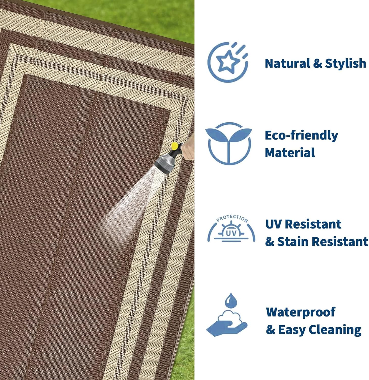 9x12 Outdoor Rug Waterproof Foldable Plastic Straw Carpet for Patio Porch Modern Border Reversible Mat Lightweight Floor Mat for Picnic, Backyard, Rv, Beach, Deck, Camper, Balcony，Brown