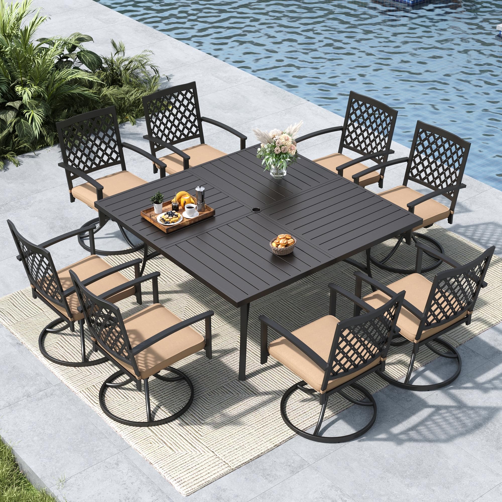 MFSTUDIO 9 PCS Patio Dining Set with Large Square Metal Slat Dining Table and 8 Swivel Metal Chair with Cushion, All Weather Outdoor Furniture for