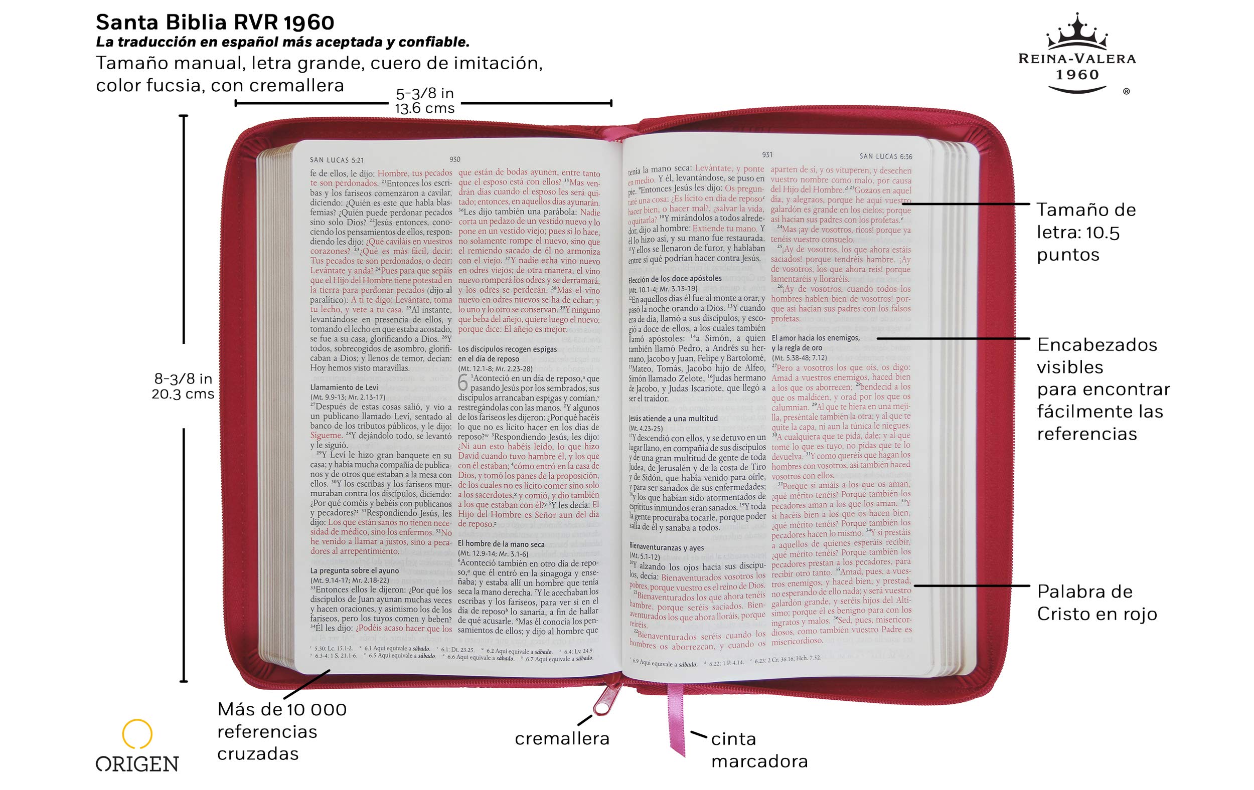 Biblia Reina Valera 1960 letra grande. Símil piel fucsia, cremallera, tamaño manual / Spanish Holy Bible RVR 1960. Handy Size, Large Print, ... Faux ... Faux Leather, Fuchsia Color, With Zipper