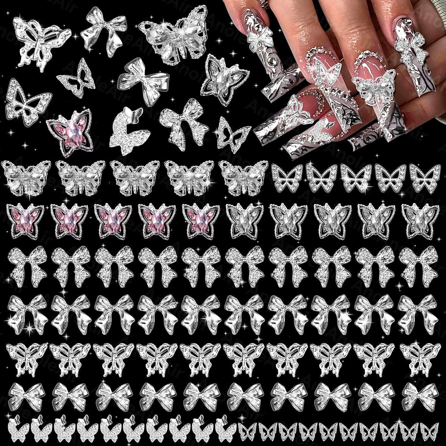 Silver Butterfly Nail Charms - 3D Pink Bowknot Art
