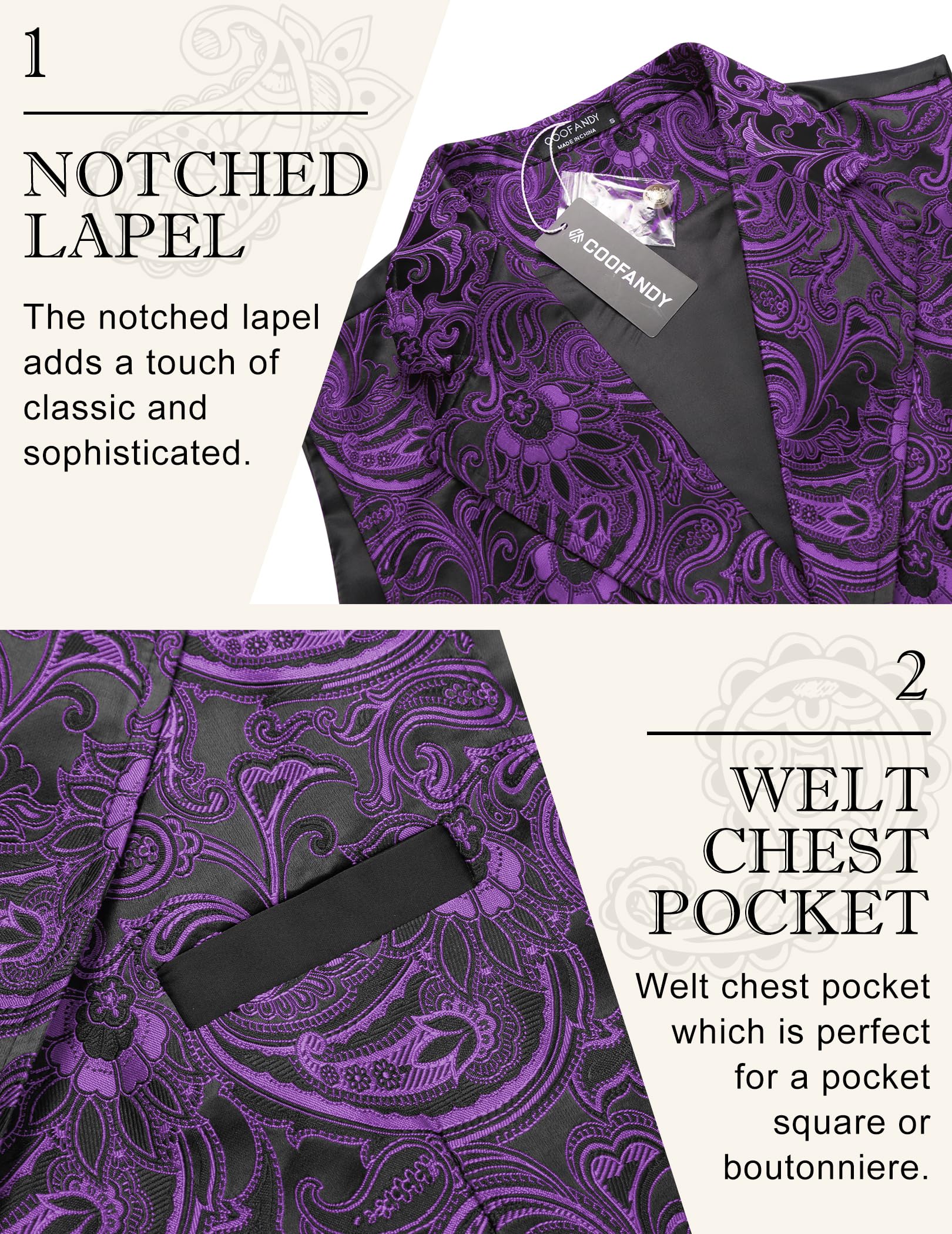 COOFANDY Chaleco de traje para hombre, floral, de cachemira, victoriano, gótico, steampunk, formal, chaleco de esmoquin, con solapas de muesca, Púrpura, Medium