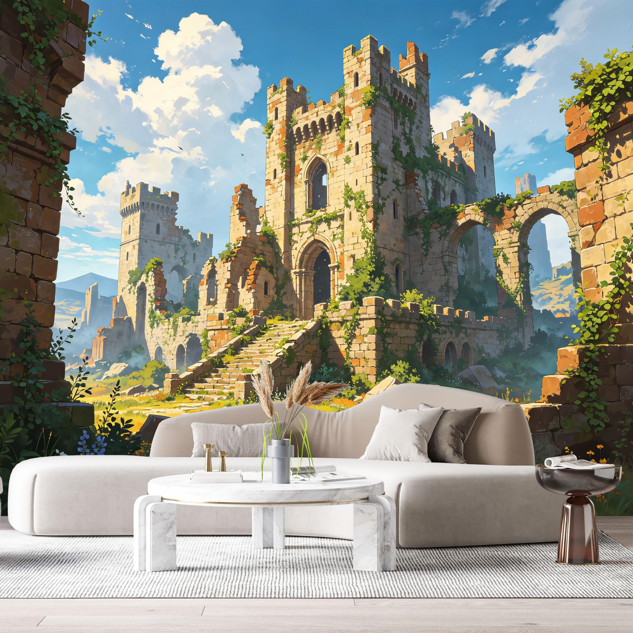 Custom Size Wall Murals Medieval Castle Ruins Oil Painting Historical Architecture Stone Fortress SelfAdhesive Wall Fabric Removable Large Wallpaper for Photo Living Room