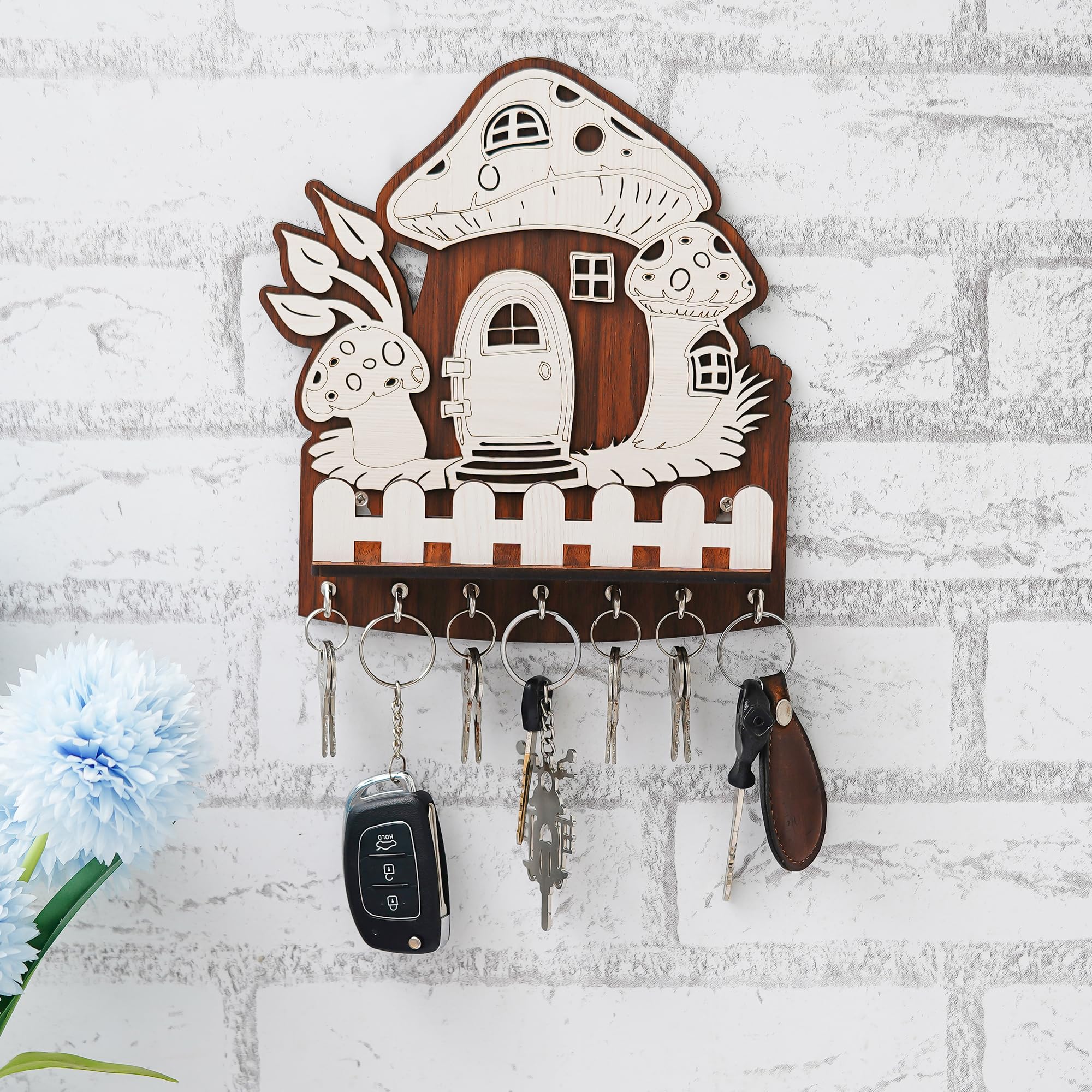 Webelkart Premium Wooden Mashrom Designer Key Holder for Home and Office Decor | Key Holder for Wall Decor |Key Hanger with Showpiece Stand - Diwali Decorations Items for Home (8.5" Inches)