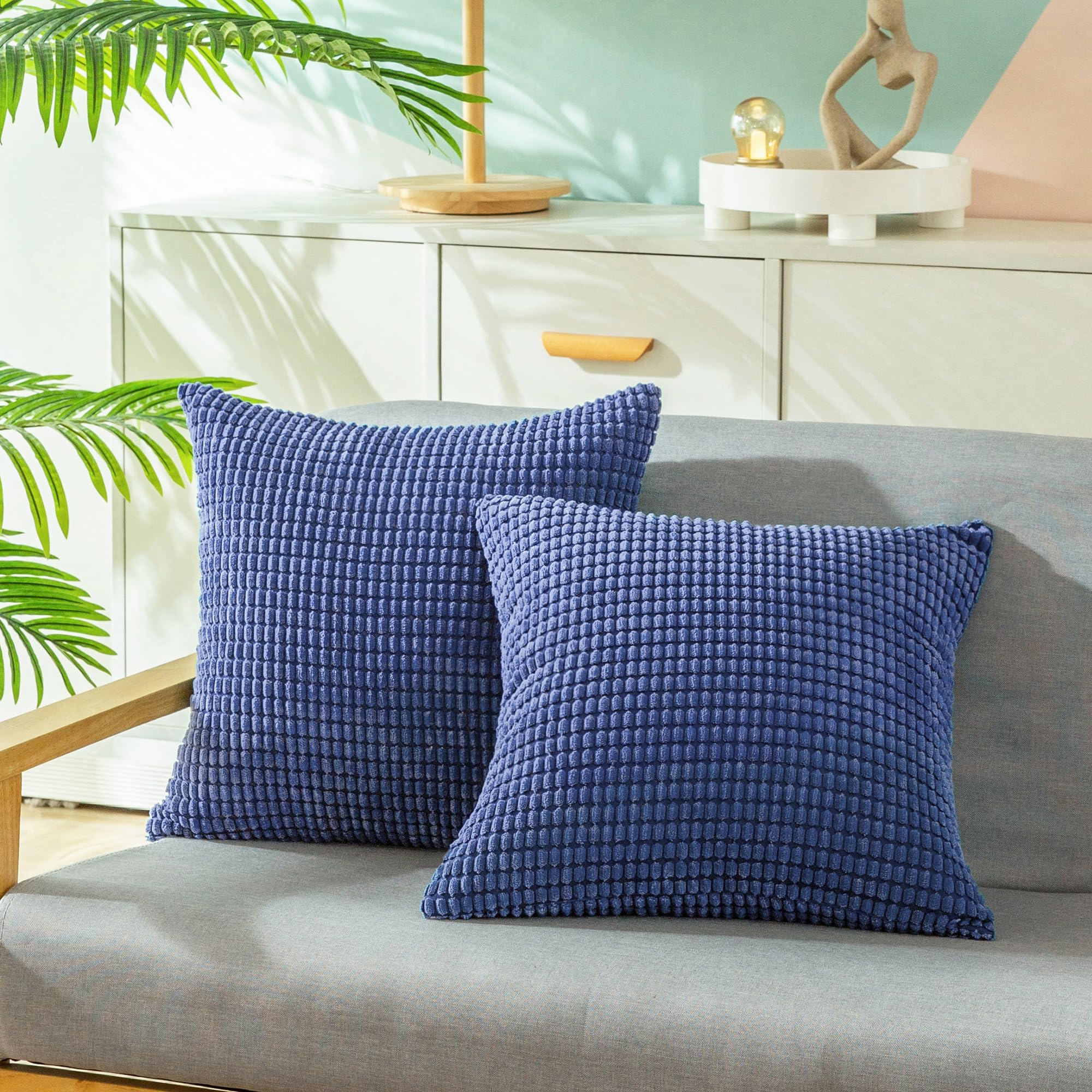 CaliTime Pack of 2 Comfy Throw Pillow Covers Cases for Couch Sofa Bed Comfortable Supersoft Corduroy Corn Striped Both Sides 60cm x 60cm Dark Blue