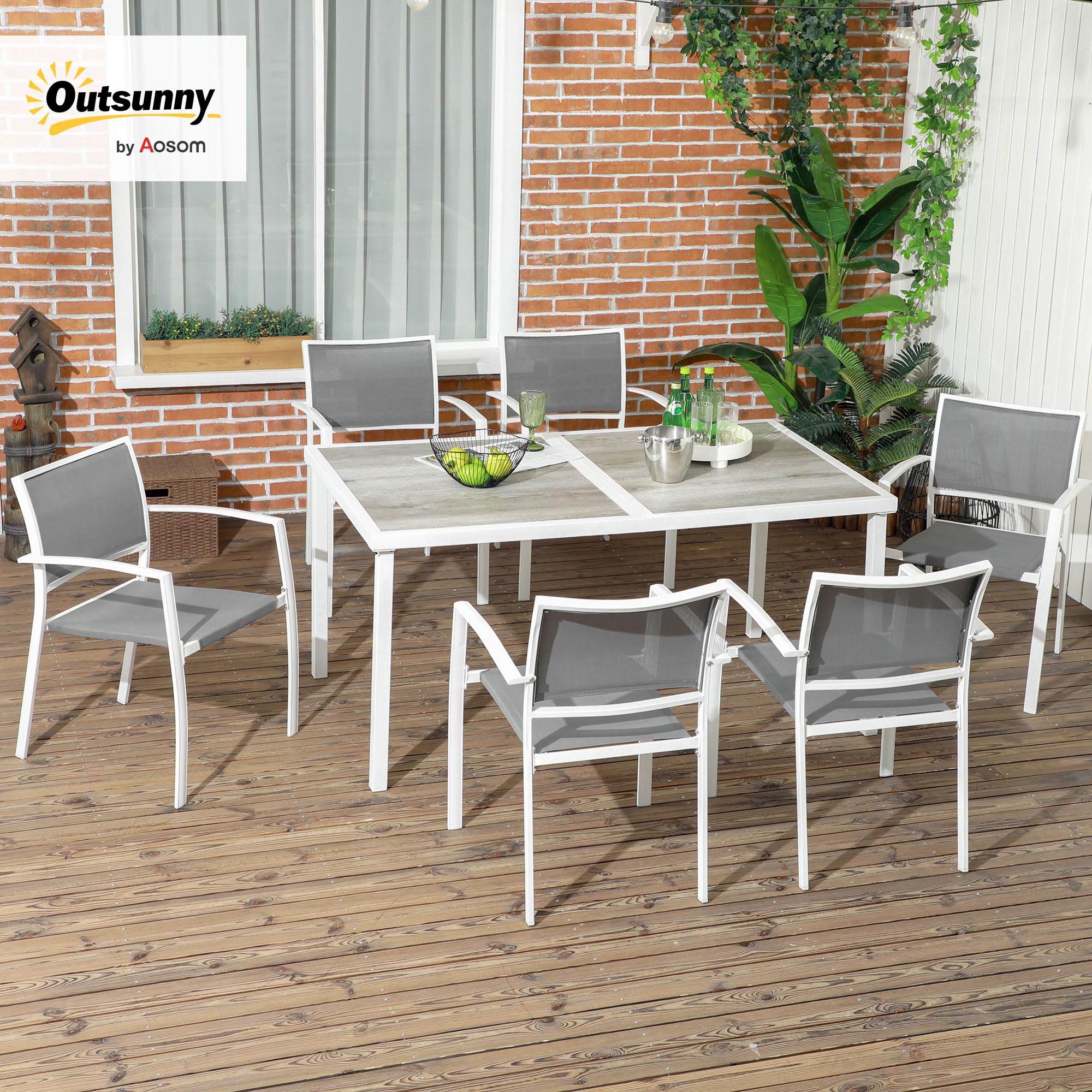 Outsunny Conjunto de Comedor de Exterior Juego de Comedor de Jardín de 7 Piezas con 6 Sillas Apilables y 1 Mesa Rectangular Estilo Moderno para Patio Terraza Blanco y Gris