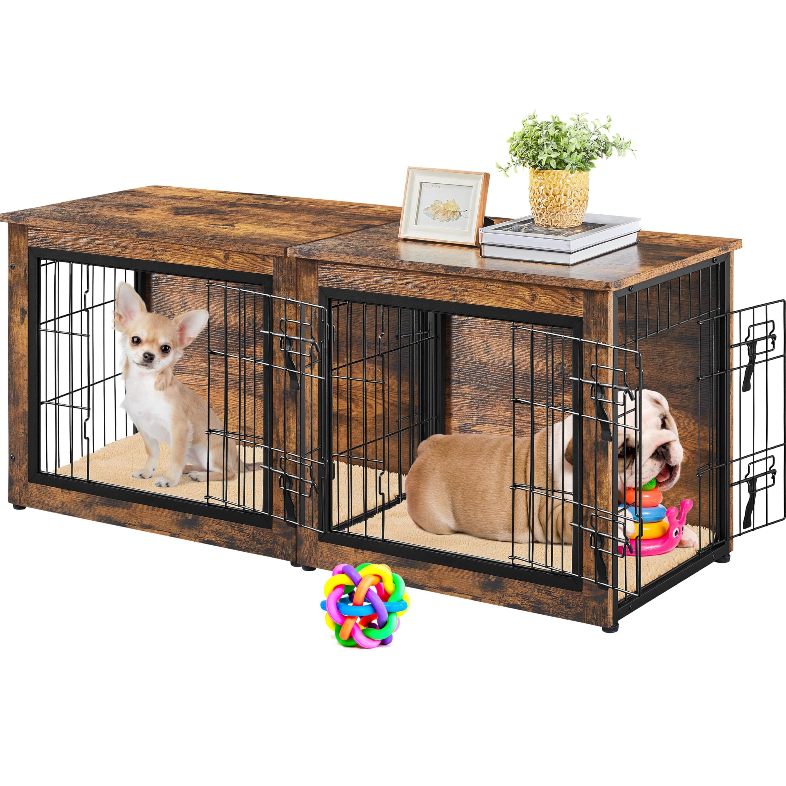 Yaheetech Hundekäfig Möbel, Hundebox Beistelltisch, Moderne Hundehütte für kleine/mittelgrosse Hunde bis zu 61 kg, Hundehaus mit 2 Kissen, 138x51x61 cm, Braun