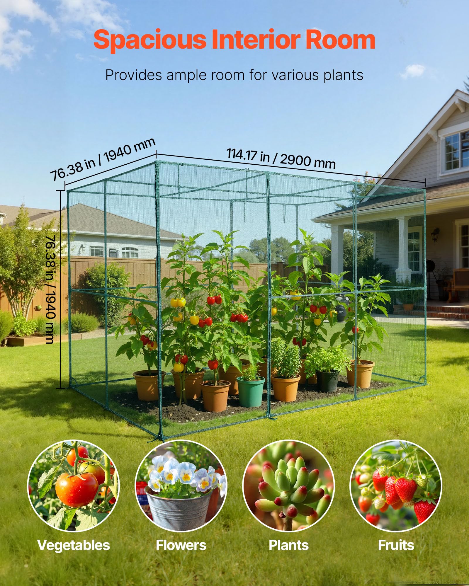 VEVOR Jaula Protectora para Cultivos, con Puerta con Cremallera, Resistente al Viento, Cubierta para Bancales Elevados de Exterior, para Jardín, Patio o Césped, 2900 x 1940 x 1940 mm, Color Verde