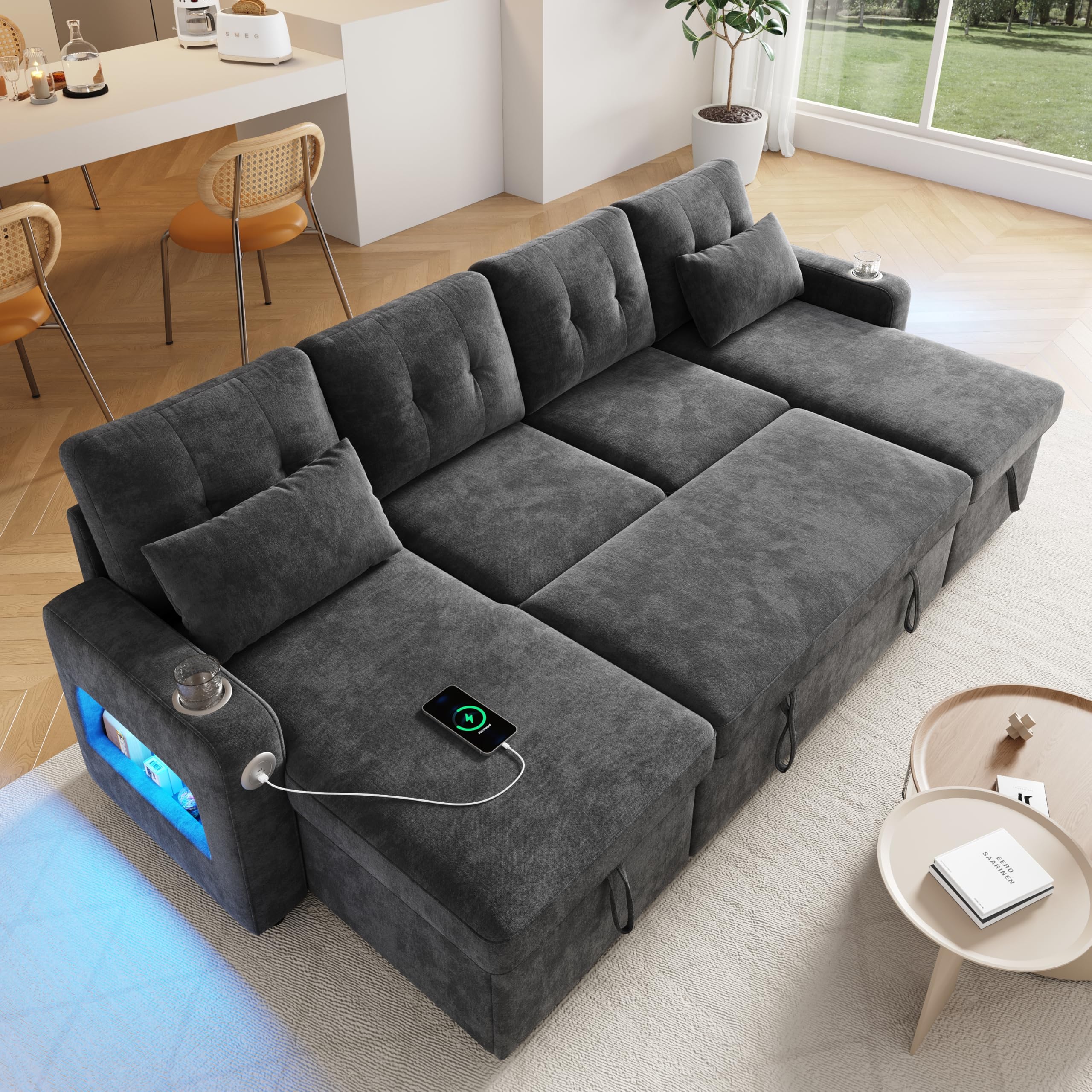 Sapgaks Canapé d'angle Convertible Moderne en U avec LED,Port de Chargement USB,Porte-gobelet,Poches latérales,Espace de Rangement,canapé lit,canapé Convertible 4 Places,Chenille (B-Gris)