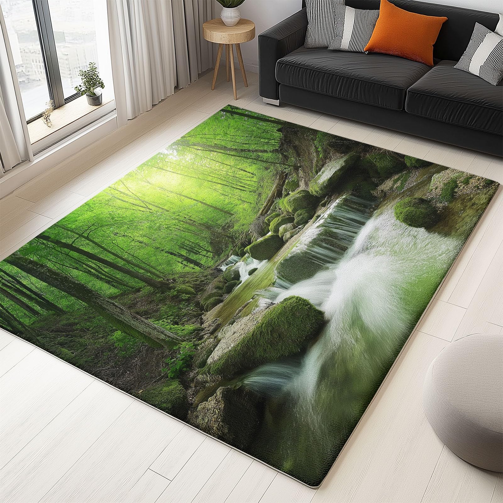 Lavabile in Lavatrice Tappeto per Soggiorno Camera da Letto Ufficio Decorazione 120 x 180 cm, Natura Paesaggio Foresta Ruscello Tema Flanella Tappeti con Supporto Antiscivolo, Verde