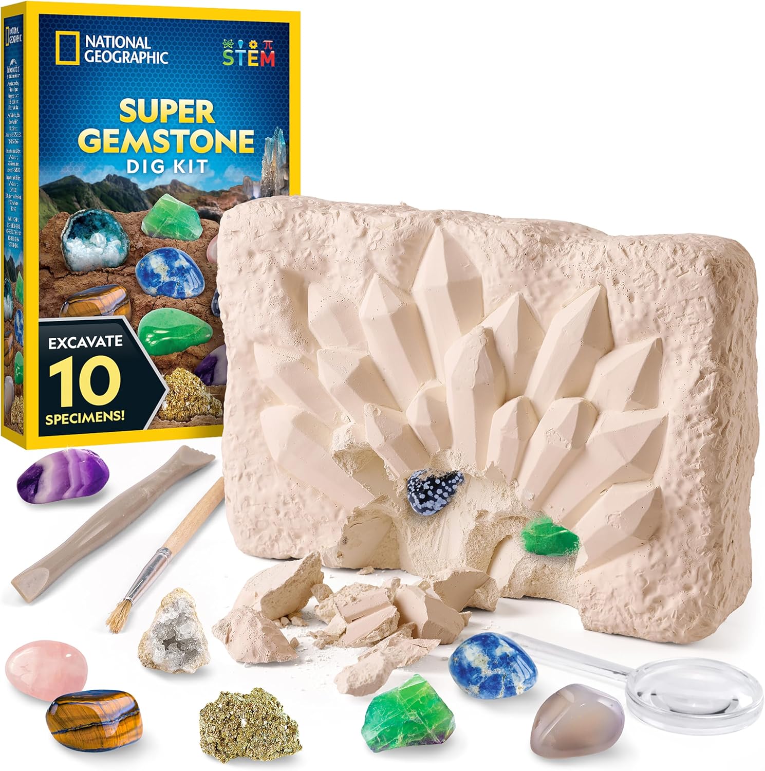 NATIONAL GEOGRAPHIC Gemstone Dig Kit Dig Up 10 Real Gemstones and Crystals, Science Kit for