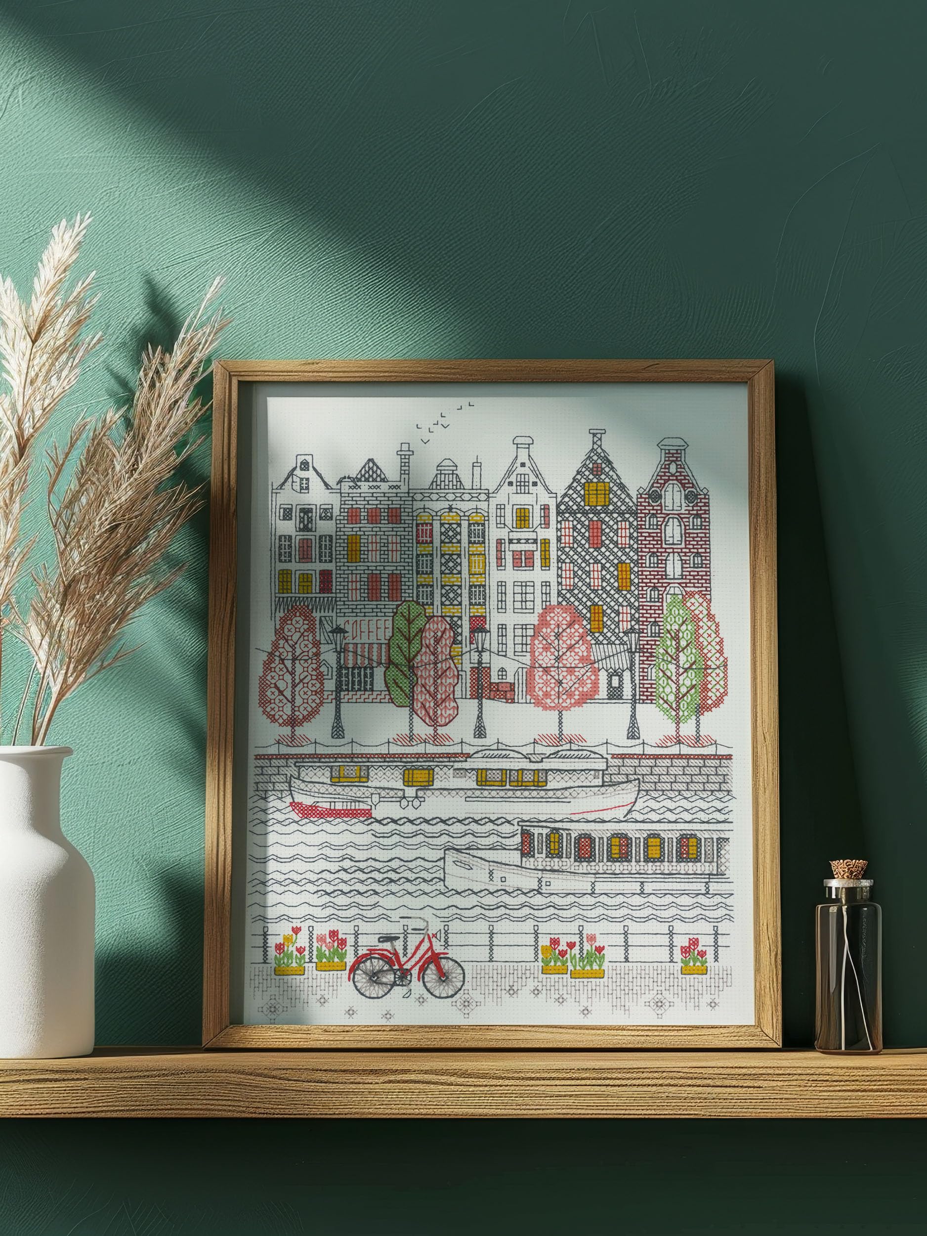 RIOLIS - Città sull’Acqua 2051, Kit Punto Blackwork 24x30cm, Punto kit da ricamare, Disegni da ricamare, Blackwork Embroidery Set