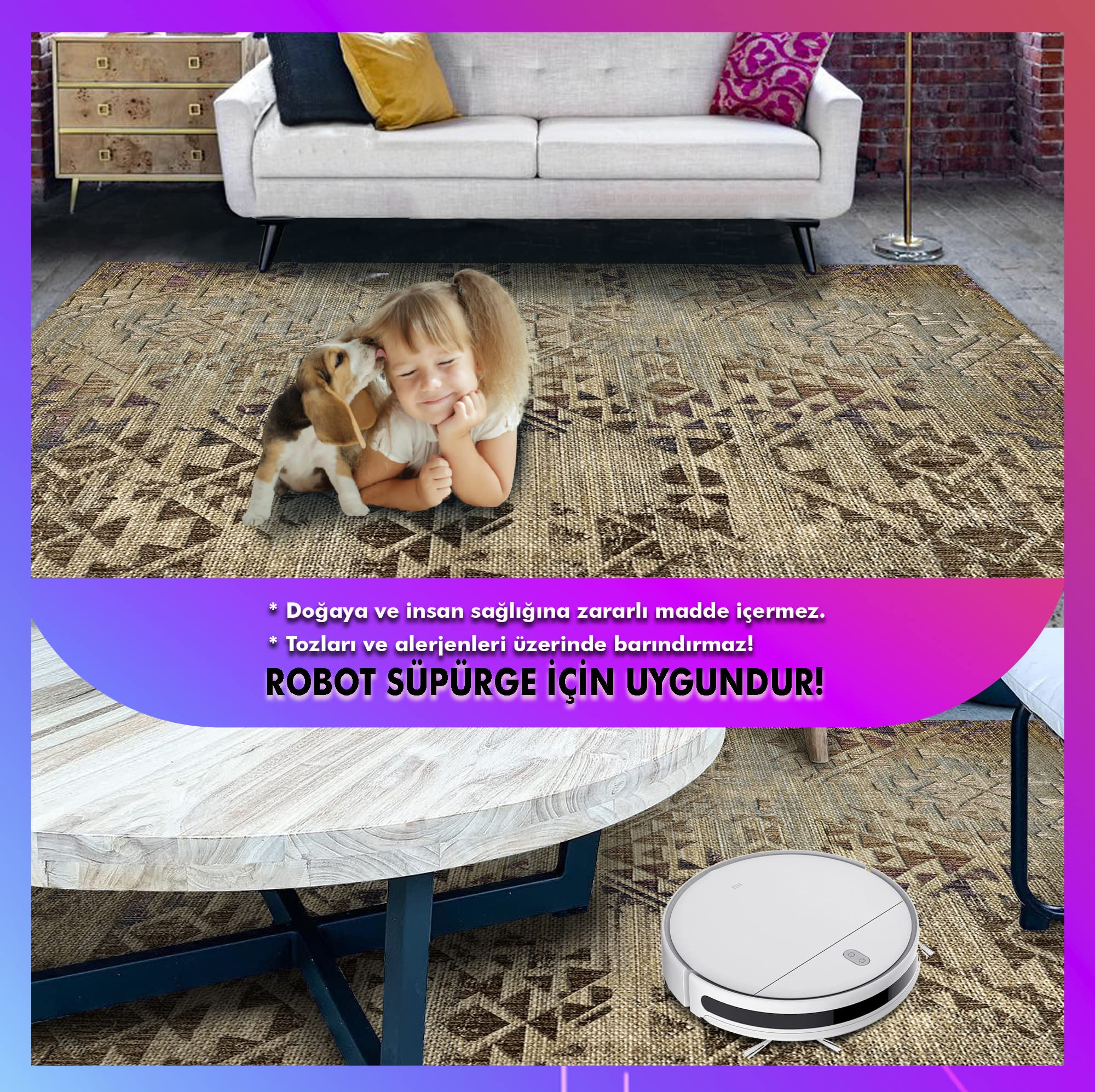 Latte Dizayn Aspen Desenli Kadife Pamuk Tabanlı Yıkanabilen Kaydırmaz Antibakteriyel Salon Halısı 200x300
