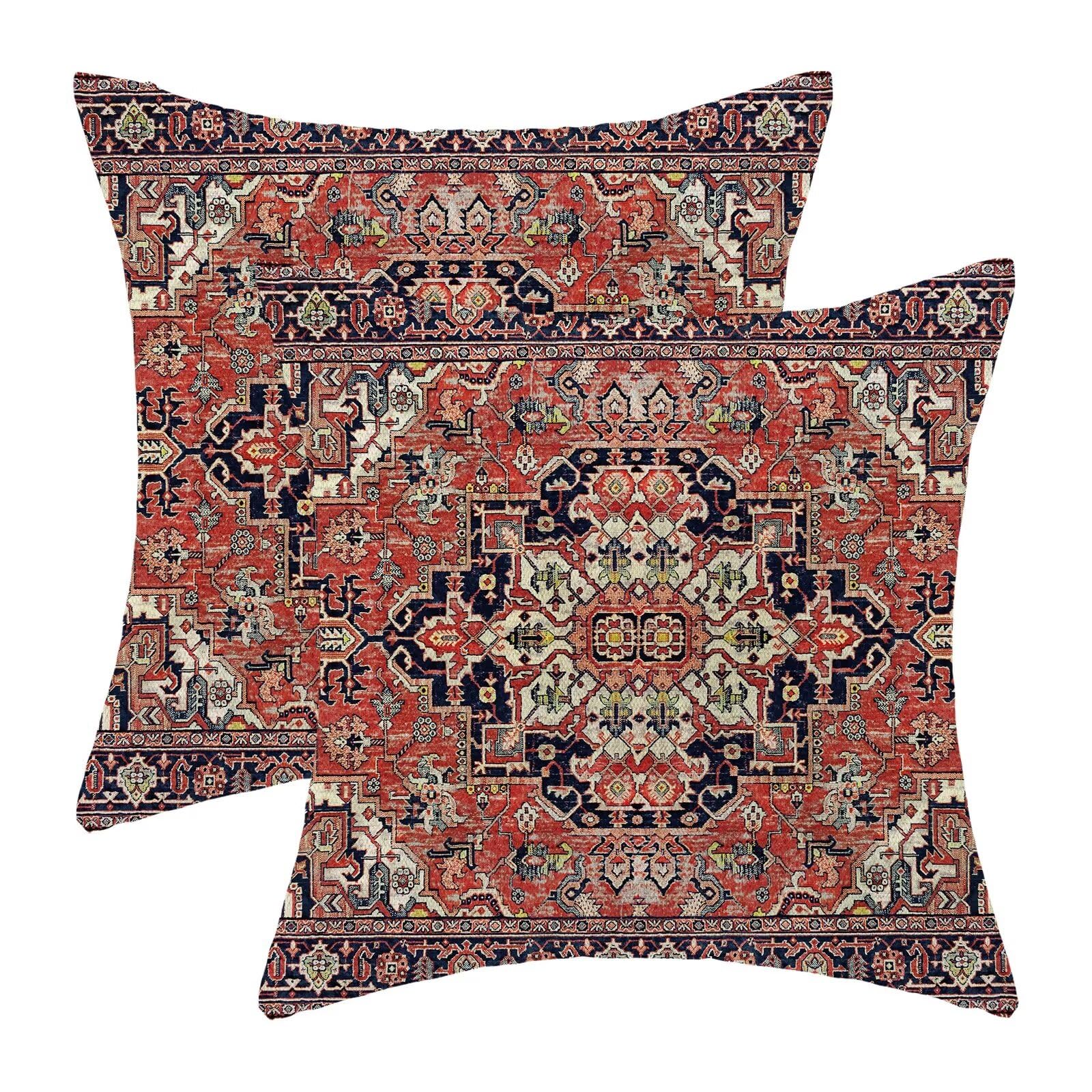 ZHOUYETAK Red Carpet Pillow Covers 18x18 Inch Set of 2, Boho Rug Print Outdoor Decorative Vintage Rustic Throw Pillow Linen Red Carpet Couch Cushion