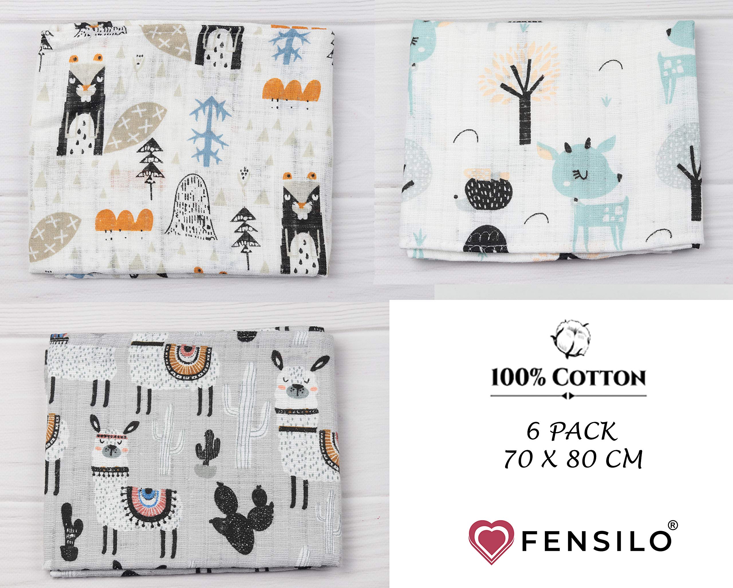 Neonato Mussola Pacco da 6 70x80cm Grigio Animali Bimbo e Bimba OEKO-TEX STANDARD 100