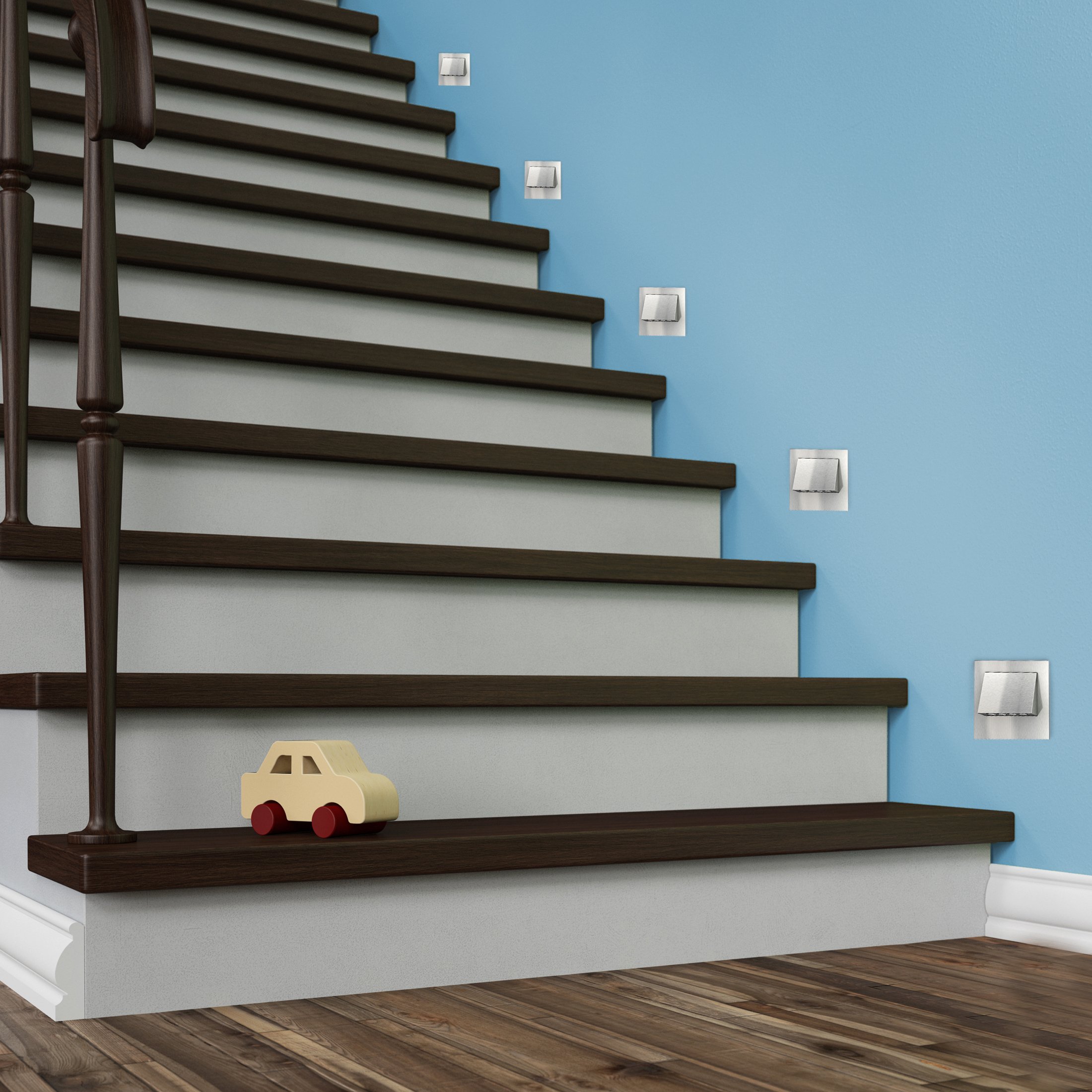 SSC-LUXon LED Treppen-Einbauleuchte NARVA Silber Edelstahl Optik 230V 1W - quadratisches Design Spotlight zur Stufen & Treppenbeleuchtung