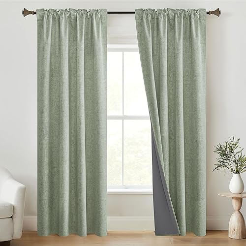 Miniatura 2 de StangH Cortinas 100% opacas de lino verde salvia de 84 pulgadas de largo para sala de estar, cortinas texturizadas de lino con pestaña trasera con