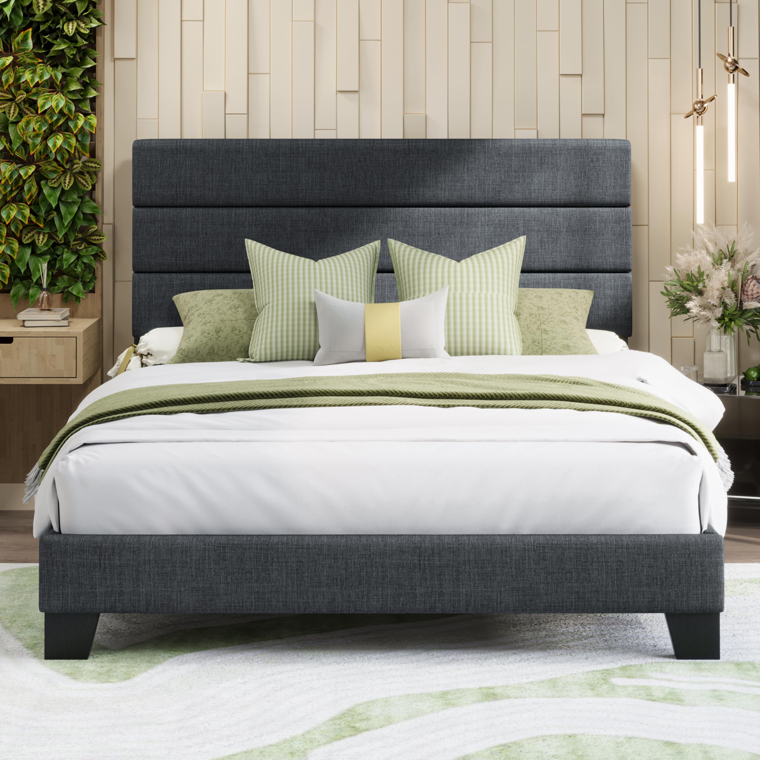 MUTICOR Lit rembourré 140x200 cm Tissu avec tête de lit, Gris foncé | Revêtement aspect lin, Tête de lit douce, 11,5 cm rangement, Charge 363 kg, Silencieux, Montage facile